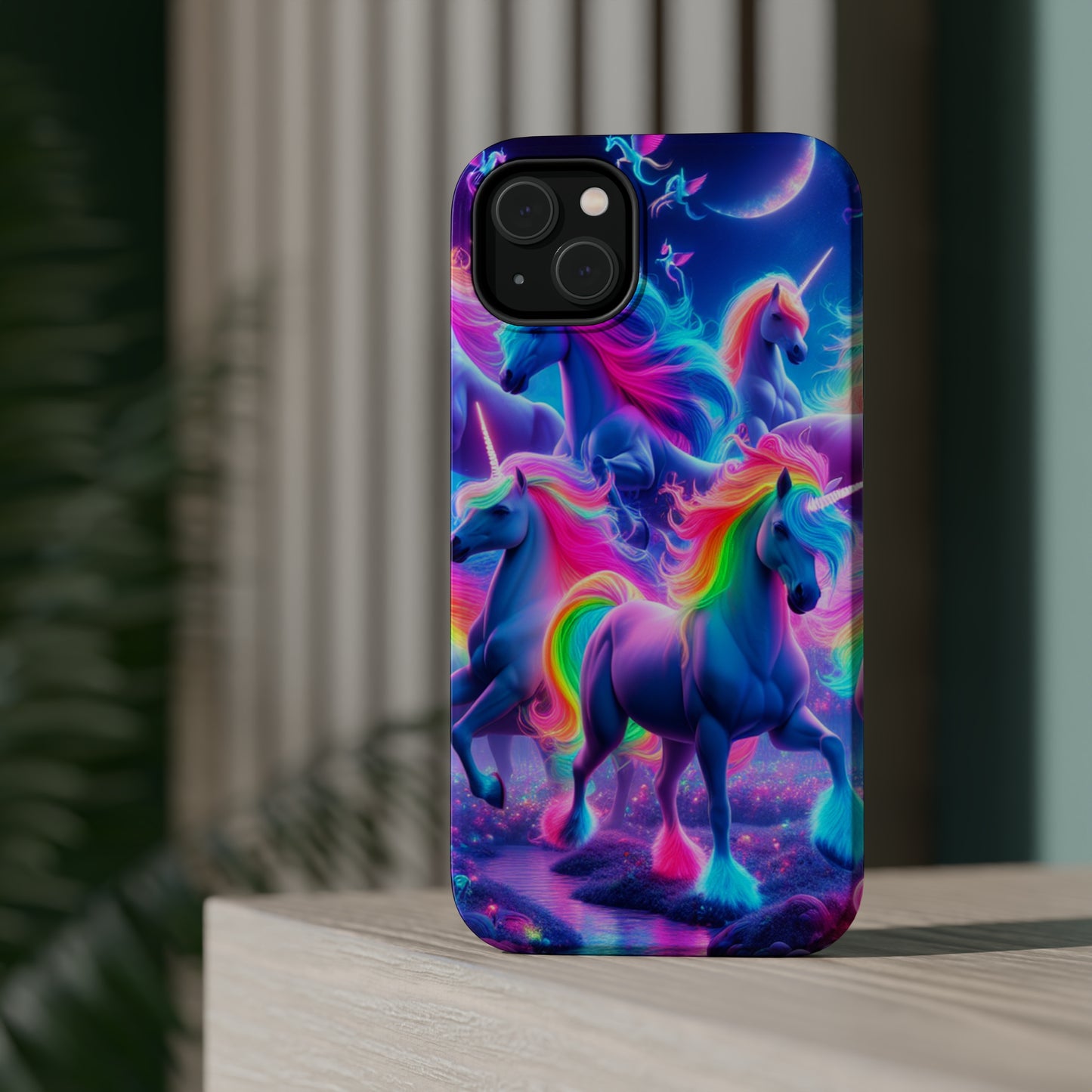 "Unicorn Prism" Neon Unicorns Premium Art Magsafe Magnet Tough IPhone 13 14 15 Pro Plus Max and Mini in Matte and Glossy Phone cases