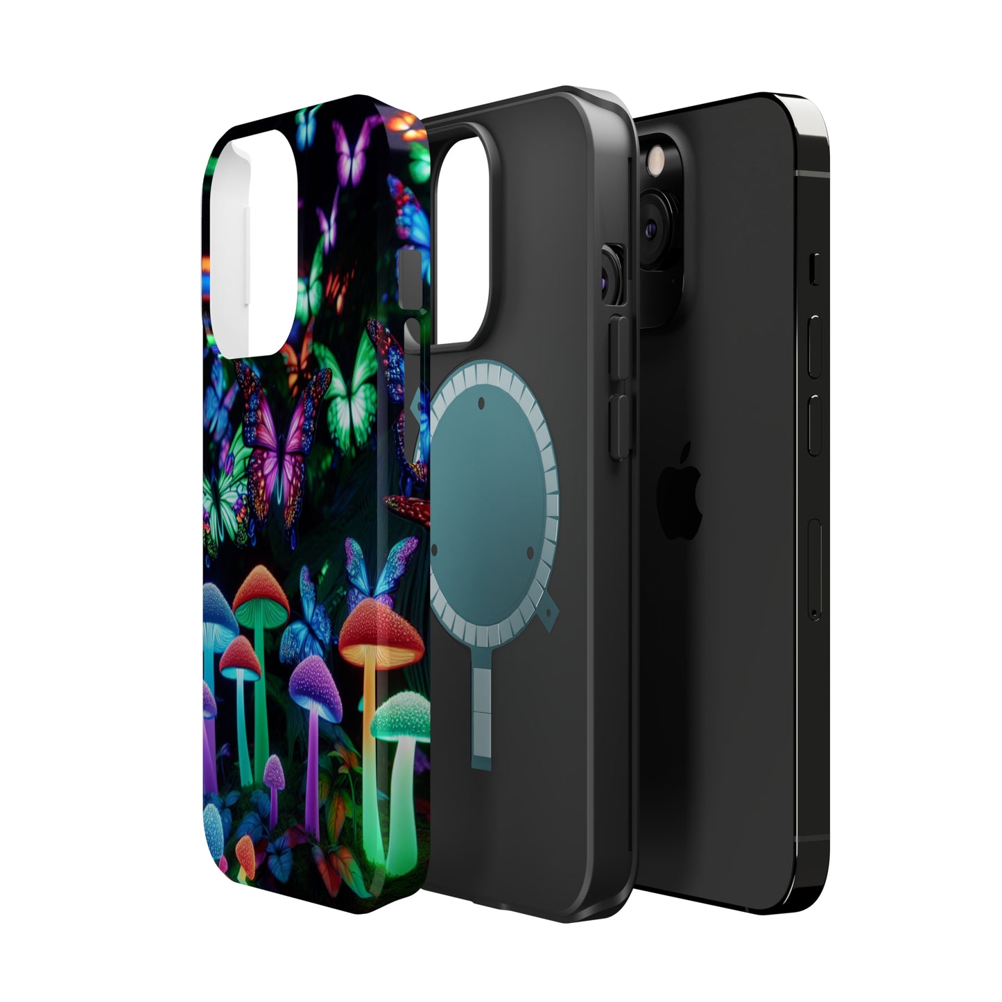 "Neon Burst Wonderland". Neon Butterflies and Mushrooms Premium Art Magsafe Magnet Tough IPhone 13 14 15 Pro Plus Max and Mini in Matte and Glossy Phone cases