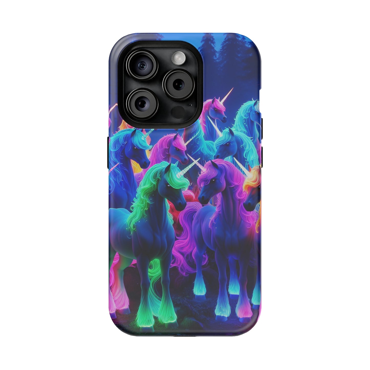 "Neon Fantasyland" Neon Unicorns Premium Art Magsafe Magnet Tough IPhone 13 14 15 Pro Plus Max and Mini in Matte and Glossy Phone cases