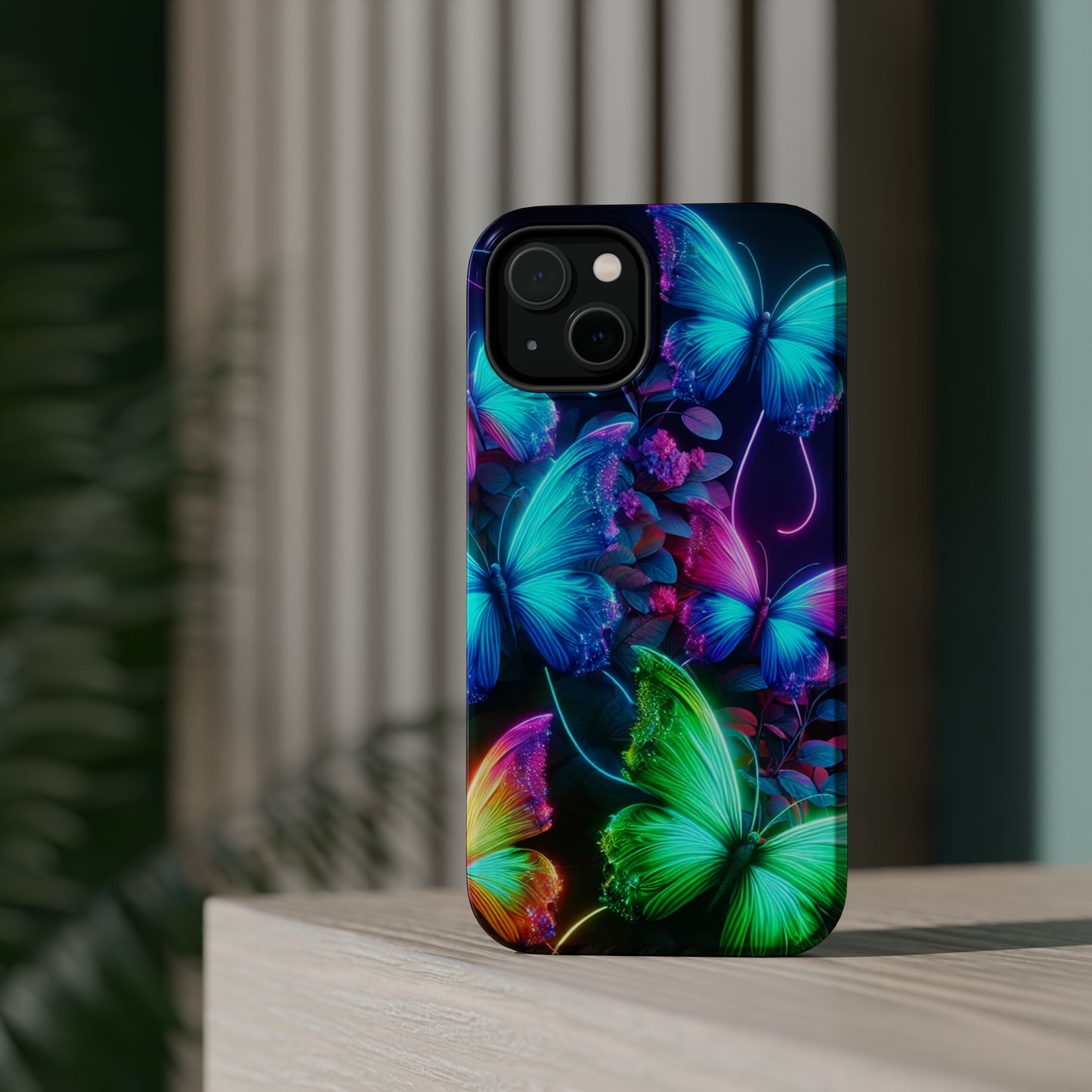 Neon Flutter Symphony Neon Butterflies Premium Art Magsafe Magnet Tough IPhone 13 14 15 Pro Plus Max and Mini in Matte and Glossy Phone cases