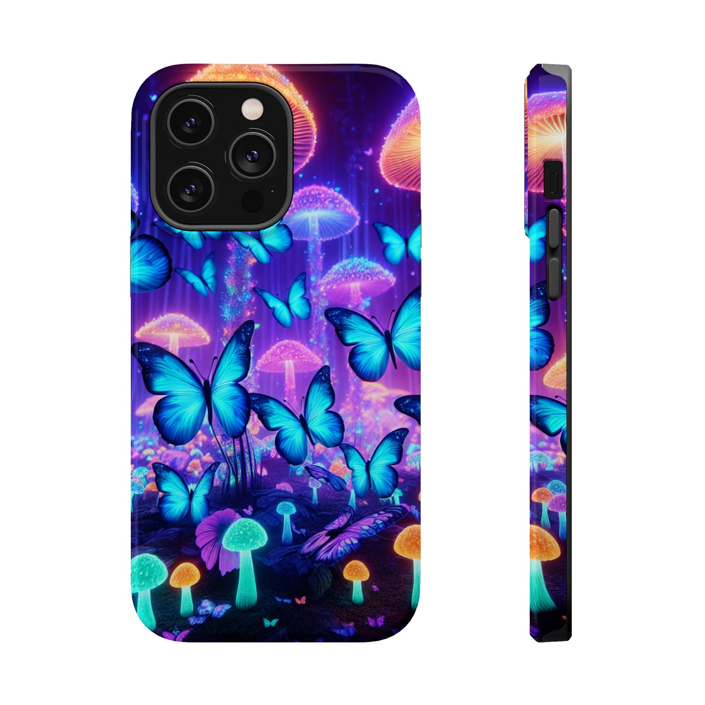 Neon Delight Landscape Neon Butterflies and Mushrooms Premium Art Magsafe Magnet Tough IPhone 13 14 15 Pro Plus Max and Mini in Matte and Glossy Phone cases