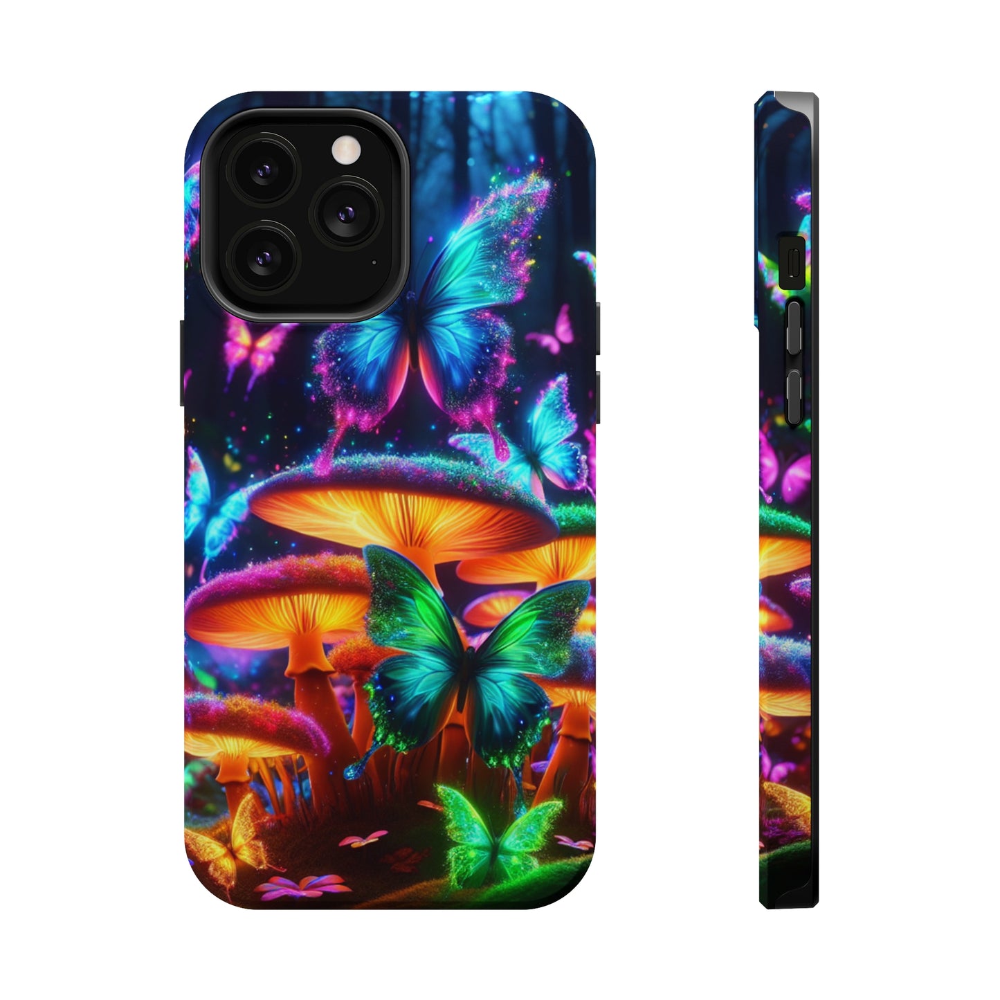 Neon Fantasia. Neon Butterflies and Mushrooms Premium Art Magsafe Magnet Tough IPhone 13 14 15 Pro Plus Max and Mini in Matte and Glossy Phone cases