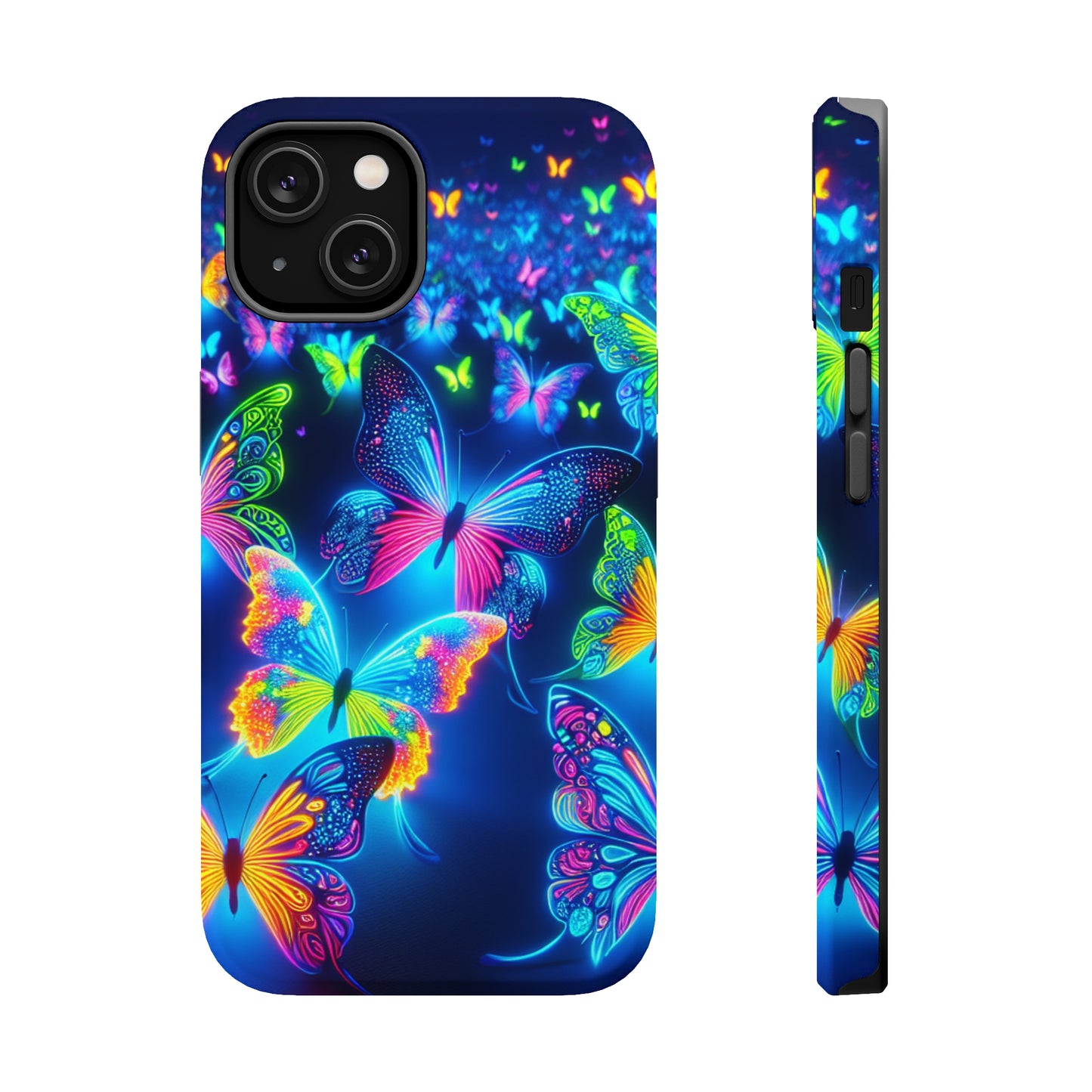 "Atmospheric Fluorescence" Neon Butterflies Premium Art Magsafe Magnet Tough IPhone 13 14 15 Pro Plus Max and Mini in Matte and Glossy Phone cases
