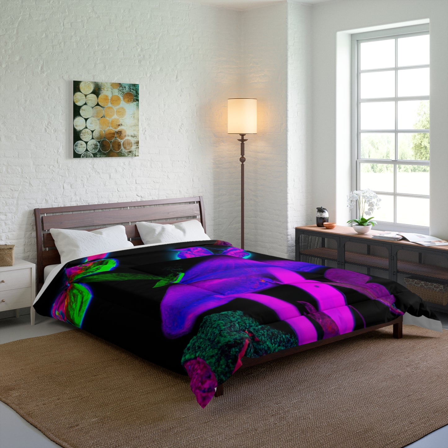 "Neon Funshine Garden". Butterflies & Mushrooms Comforter Blanket