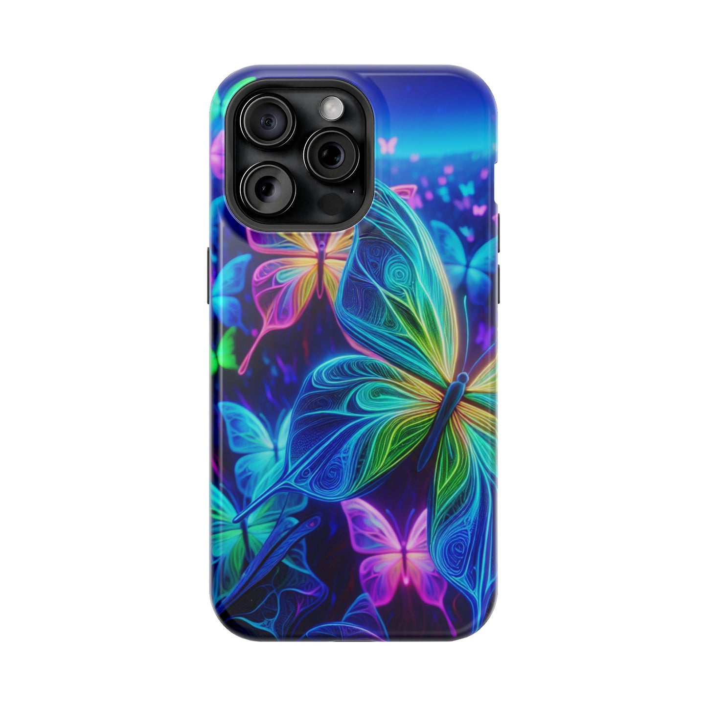 'Serene Spectacle of Neon Butterflies' Neon Butterflies Premium Art Magsafe Magnet Tough IPhone 13 14 15 Pro Plus Max and Mini in Matte and Glossy Phone cases
