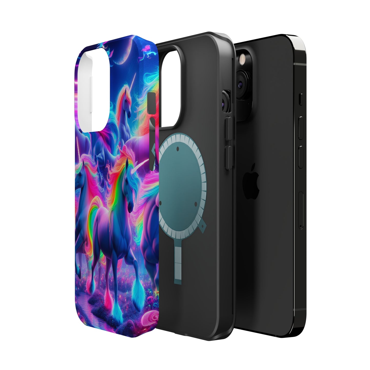 "Unicorn Prism" Neon Unicorns Premium Art Magsafe Magnet Tough IPhone 13 14 15 Pro Plus Max and Mini in Matte and Glossy Phone cases