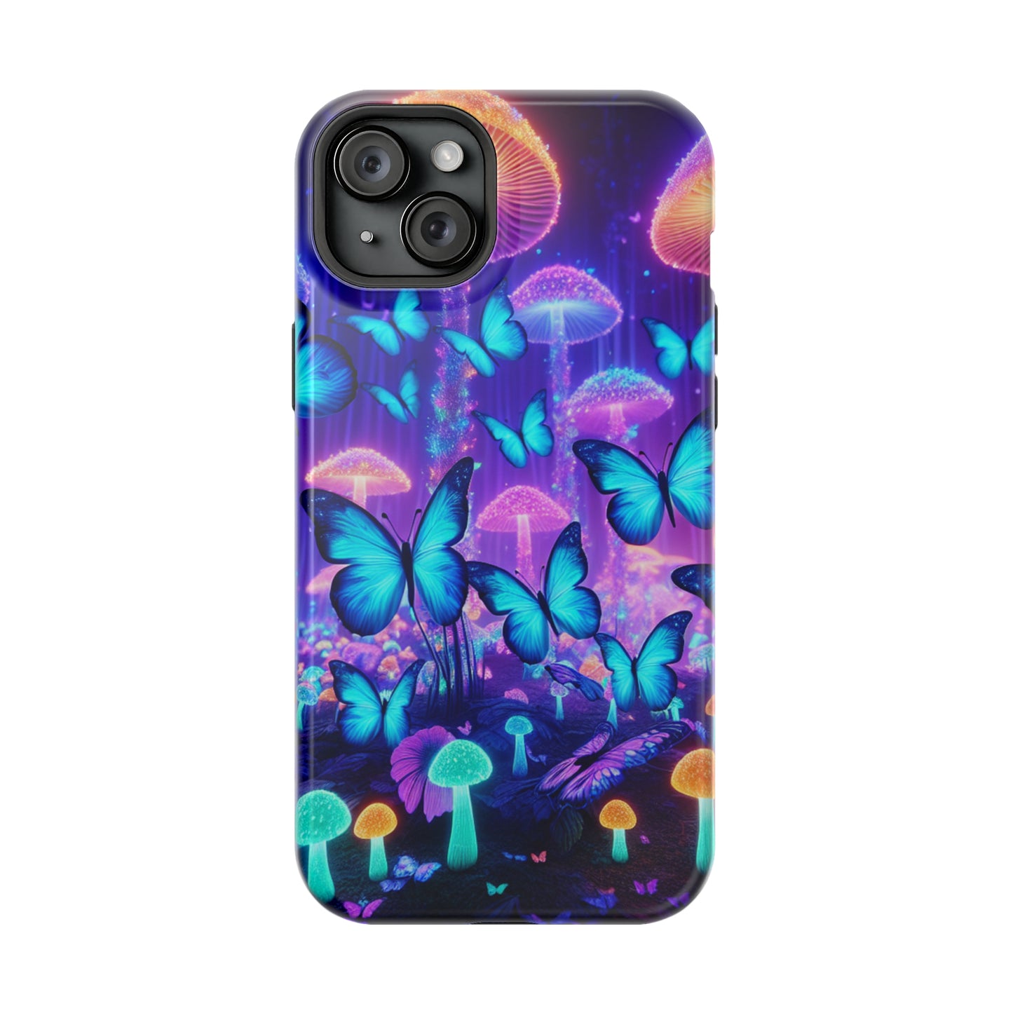 Neon Delight Landscape Neon Butterflies and Mushrooms Premium Art Magsafe Magnet Tough IPhone 13 14 15 Pro Plus Max and Mini in Matte and Glossy Phone cases