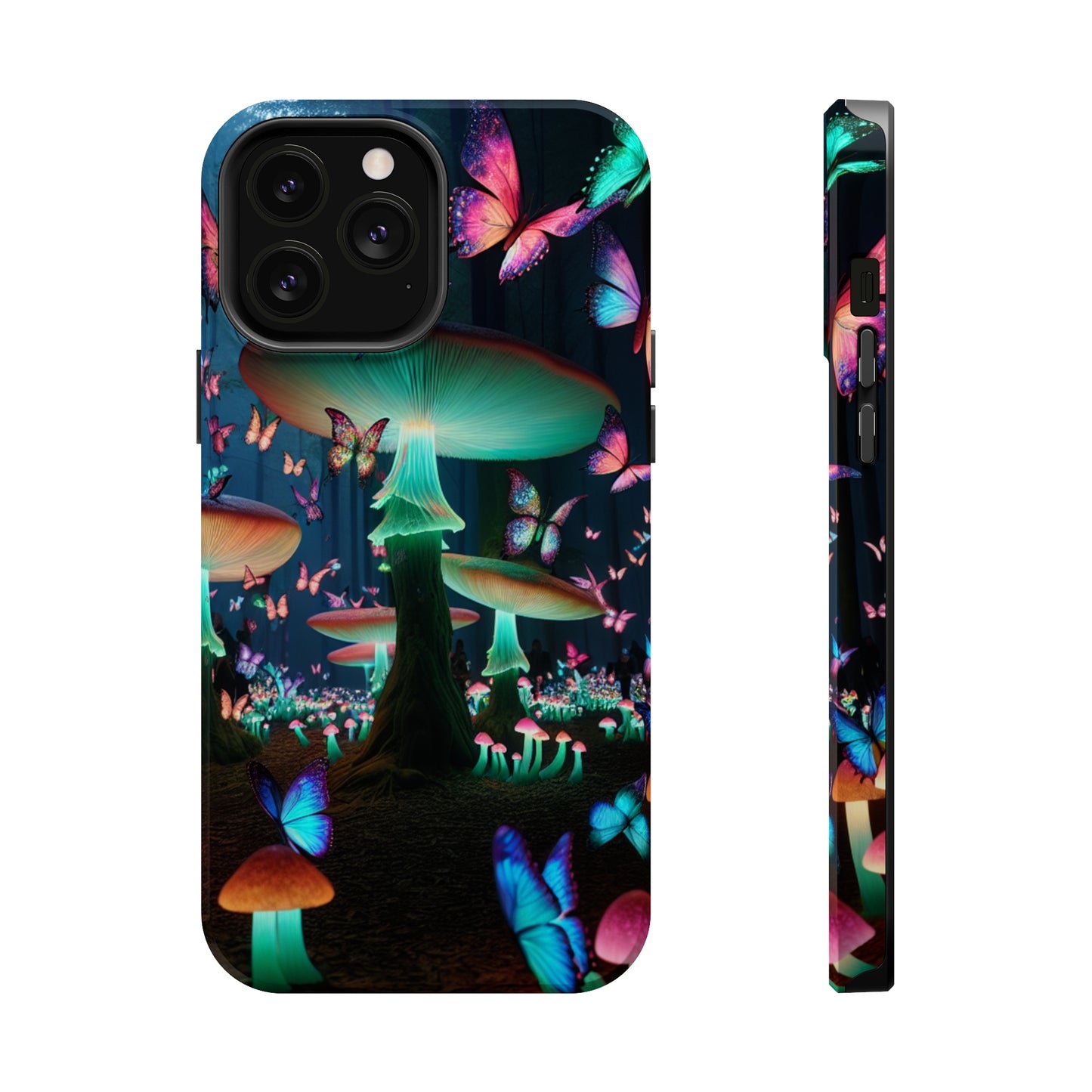 Neon Garden Delight. Neon Butterflies and Mushrooms Premium Art Magsafe Magnet Tough IPhone 13 14 15 Pro Plus Max and Mini in Matte and Glossy Phone cases