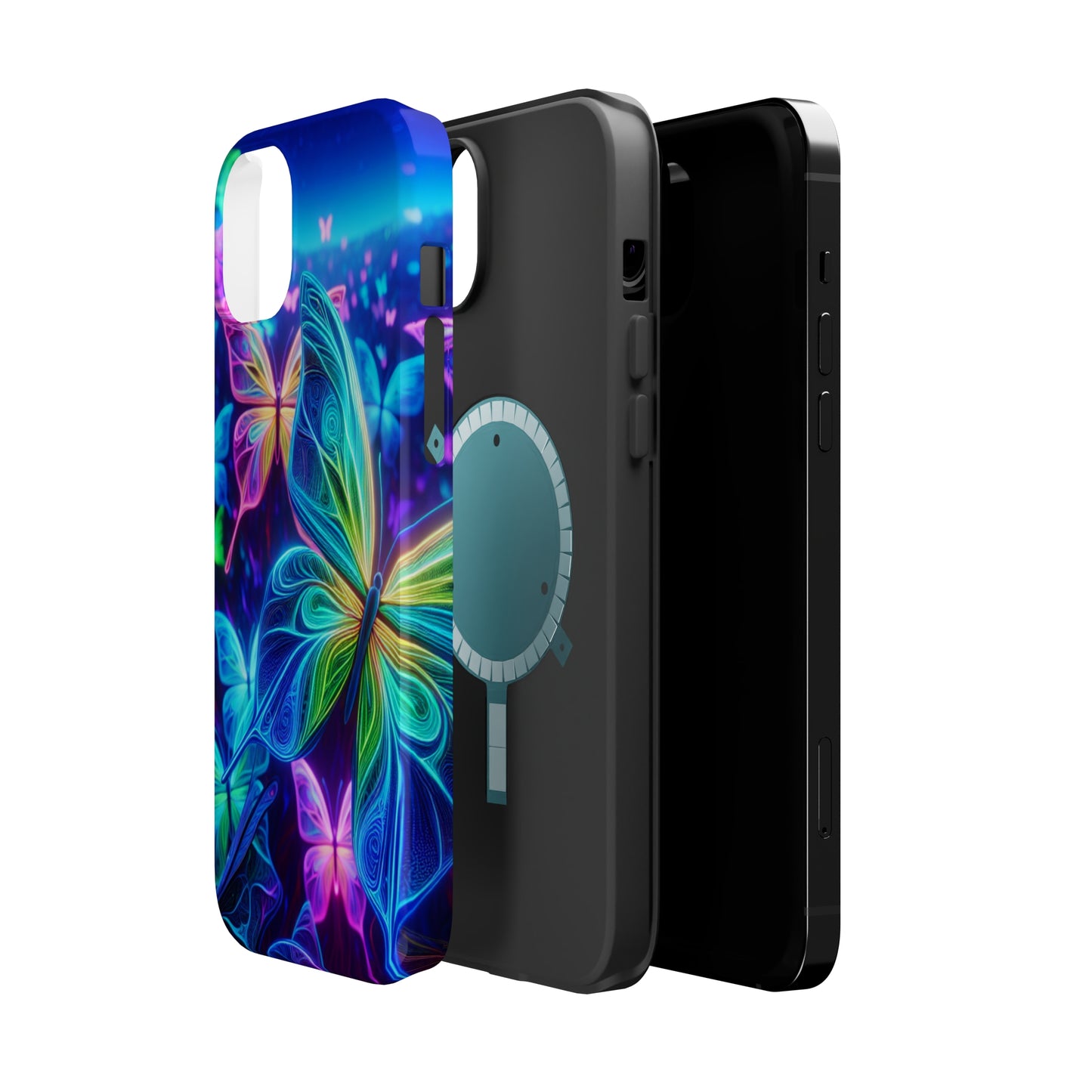 'Serene Spectacle of Neon Butterflies' Neon Butterflies Premium Art Magsafe Magnet Tough IPhone 13 14 15 Pro Plus Max and Mini in Matte and Glossy Phone cases