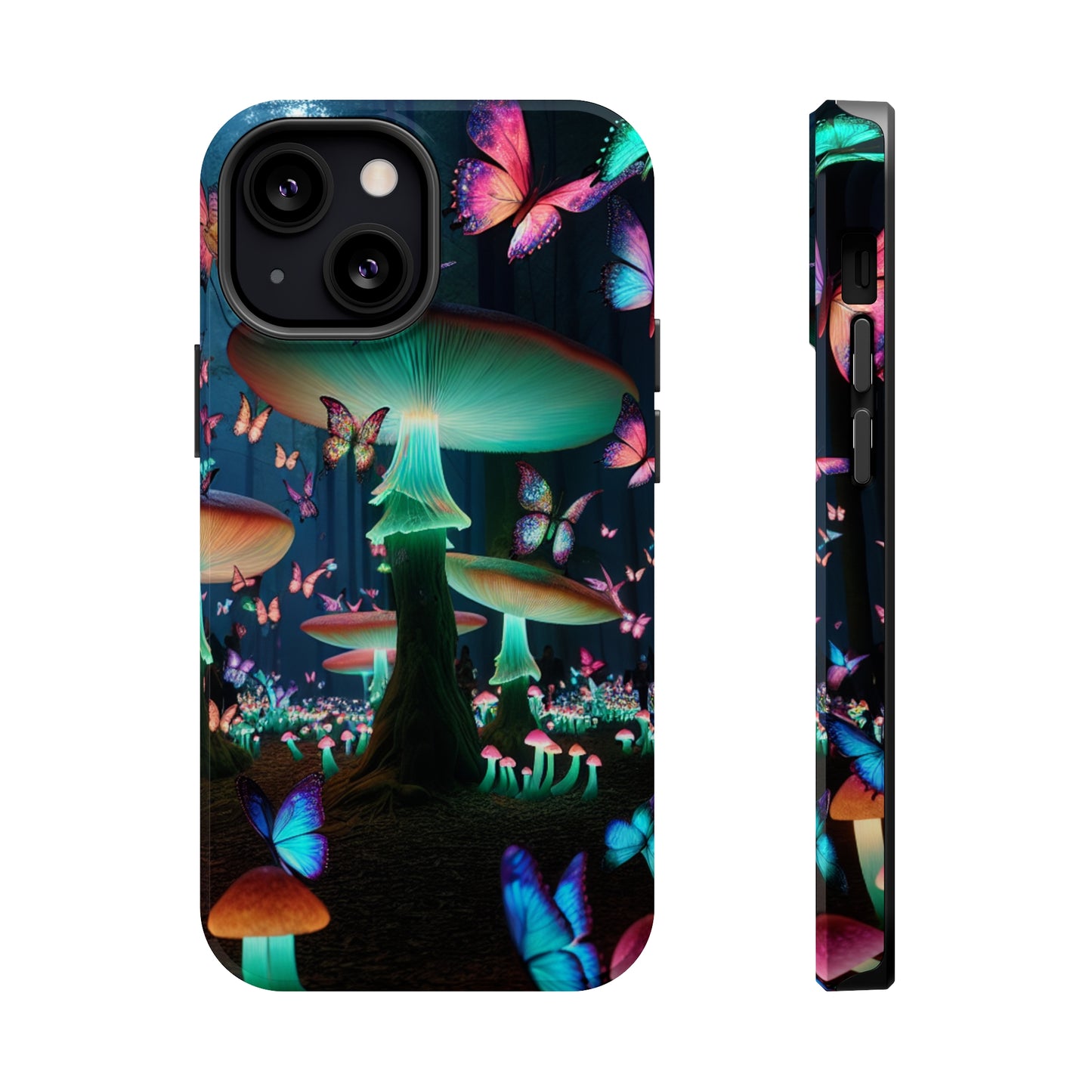 Neon Garden Delight. Neon Butterflies and Mushrooms Premium Art Magsafe Magnet Tough IPhone 13 14 15 Pro Plus Max and Mini in Matte and Glossy Phone cases