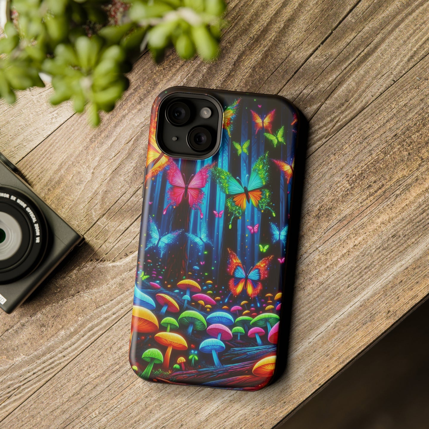 Neon Fantasia. Neon Butterflies and Mushrooms Premium Art Magsafe Magnet Tough IPhone 13 14 15 Pro Plus Max and Mini in Matte and Glossy Phone cases