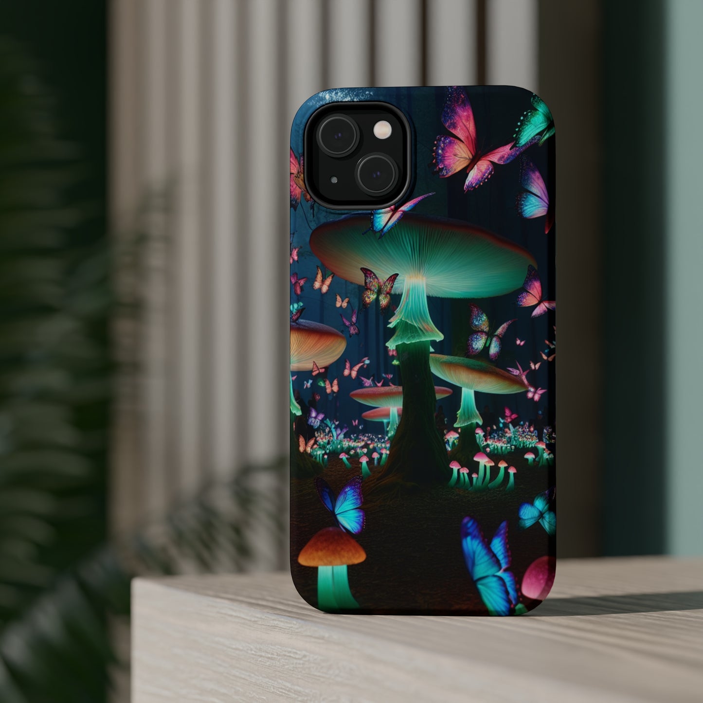 Neon Garden Delight. Neon Butterflies and Mushrooms Premium Art Magsafe Magnet Tough IPhone 13 14 15 Pro Plus Max and Mini in Matte and Glossy Phone cases