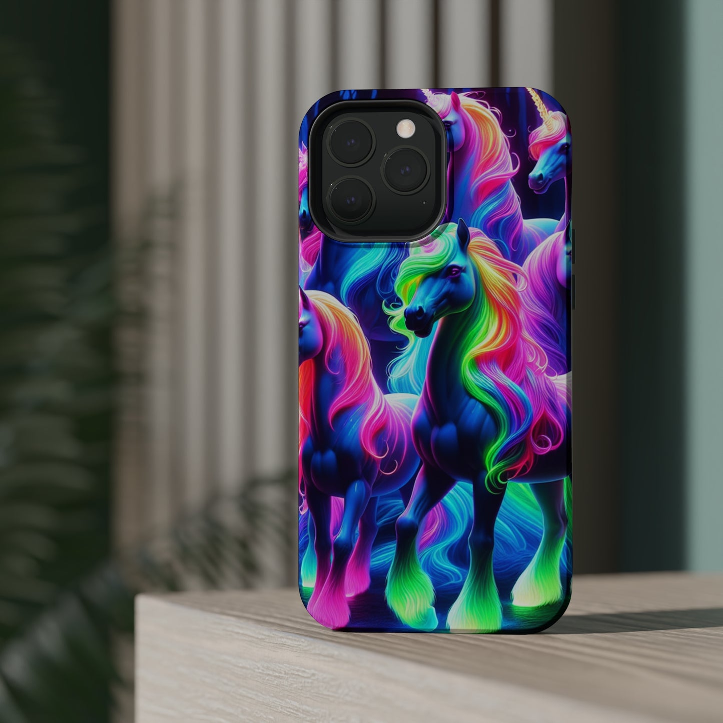 Neon Magic Skies - Unicorn Gang. Neon Unicorns Premium Art Magsafe Magnet Tough IPhone 13 14 15 Pro Plus Max and Mini in Matte and Glossy Phone cases