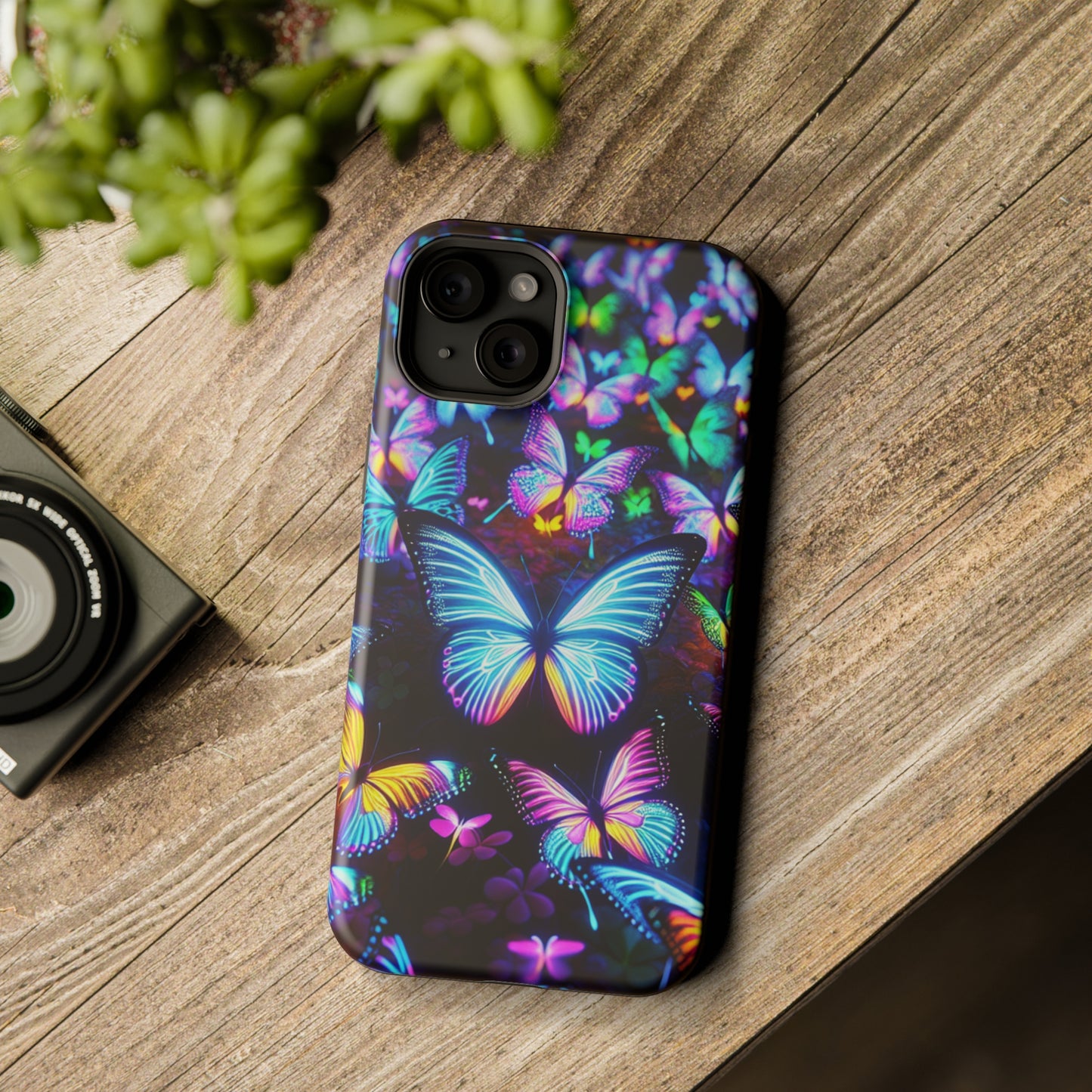 "Neon Butterflies in the Night Sky" Neon Butterflies Premium Art Magsafe Magnet Tough IPhone 13 14 15 Pro Plus Max and Mini in Matte and Glossy Phone cases