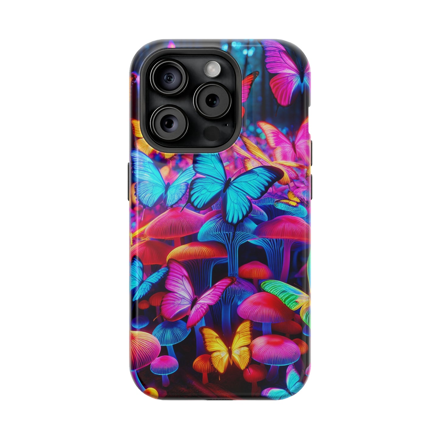 "Neon Tie-Dye Garden" Neon Butterflies and Mushrooms Premium Art Magsafe Magnet Tough IPhone 13 14 15 Pro Plus Max and Mini in Matte and Glossy Phone cases