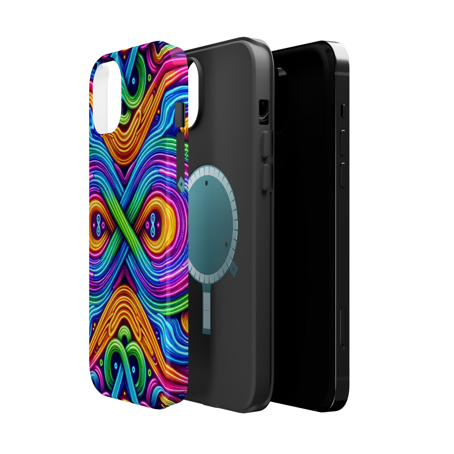 Cosmic Neon Infinity Spectacular. Neon Trippy Infinity Patterns Premium Art Magsafe Magnet Tough IPhone 13 14 15 Pro Plus Max and Mini in Matte and Glossy Phone cases