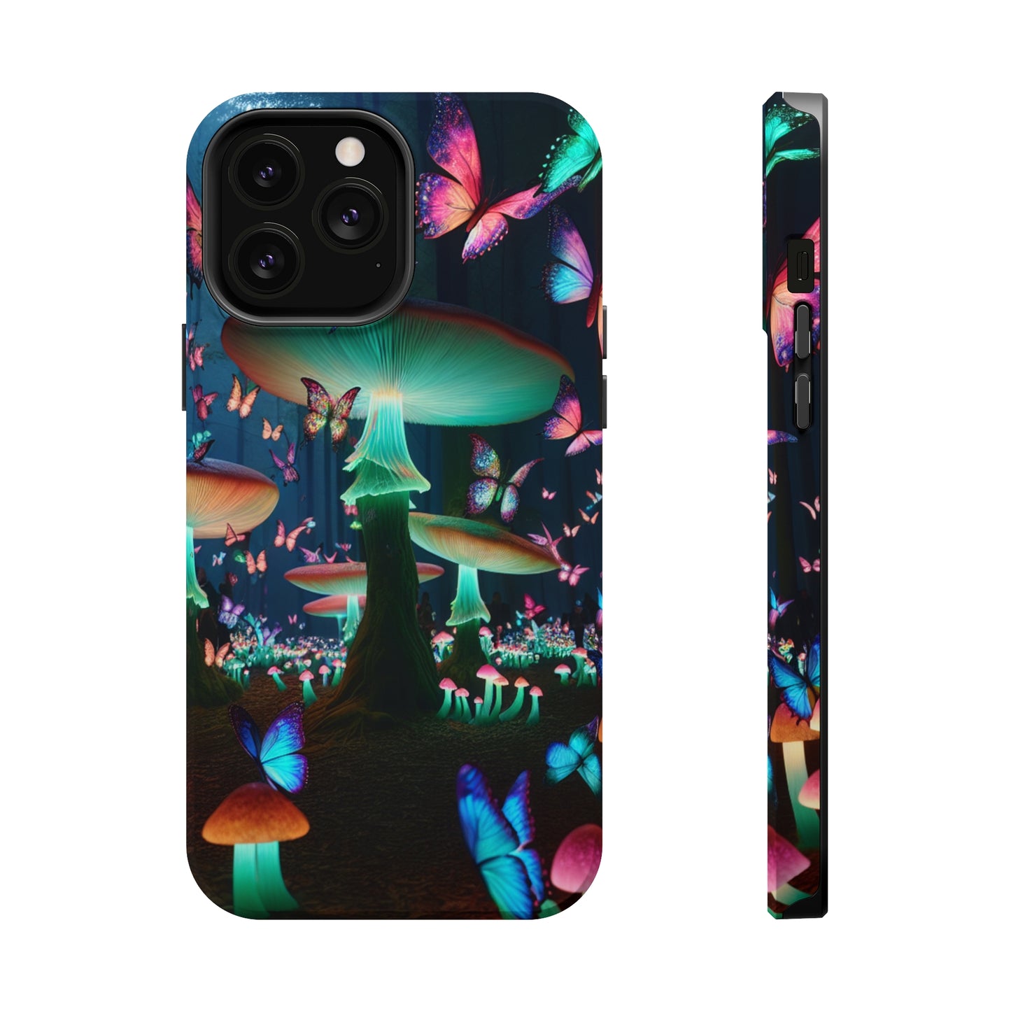 Neon Garden Delight. Neon Butterflies and Mushrooms Premium Art Magsafe Magnet Tough IPhone 13 14 15 Pro Plus Max and Mini in Matte and Glossy Phone cases
