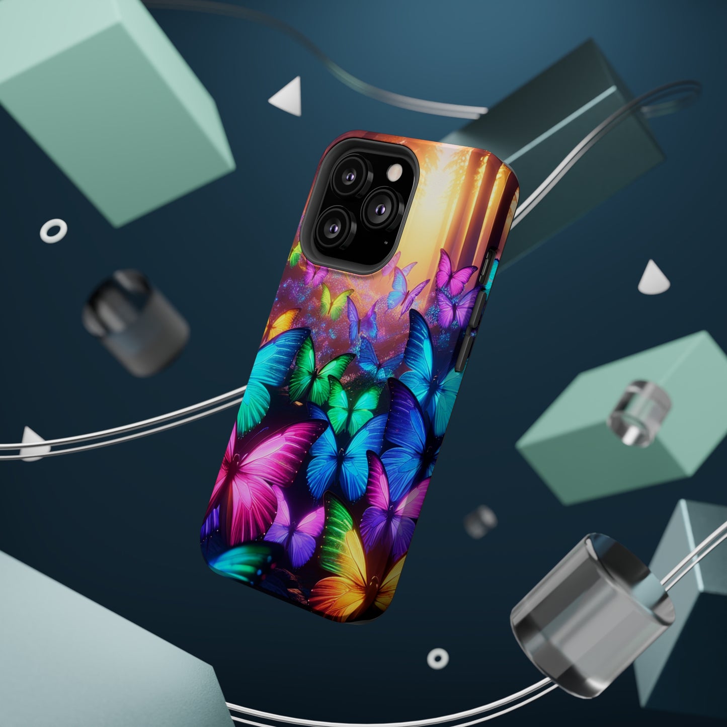 "Radiant Glowing Flight" Neon Butterflies Premium Art Magsafe Magnet Tough IPhone 13 14 15 Pro Plus Max and Mini in Matte and Glossy Phone cases
