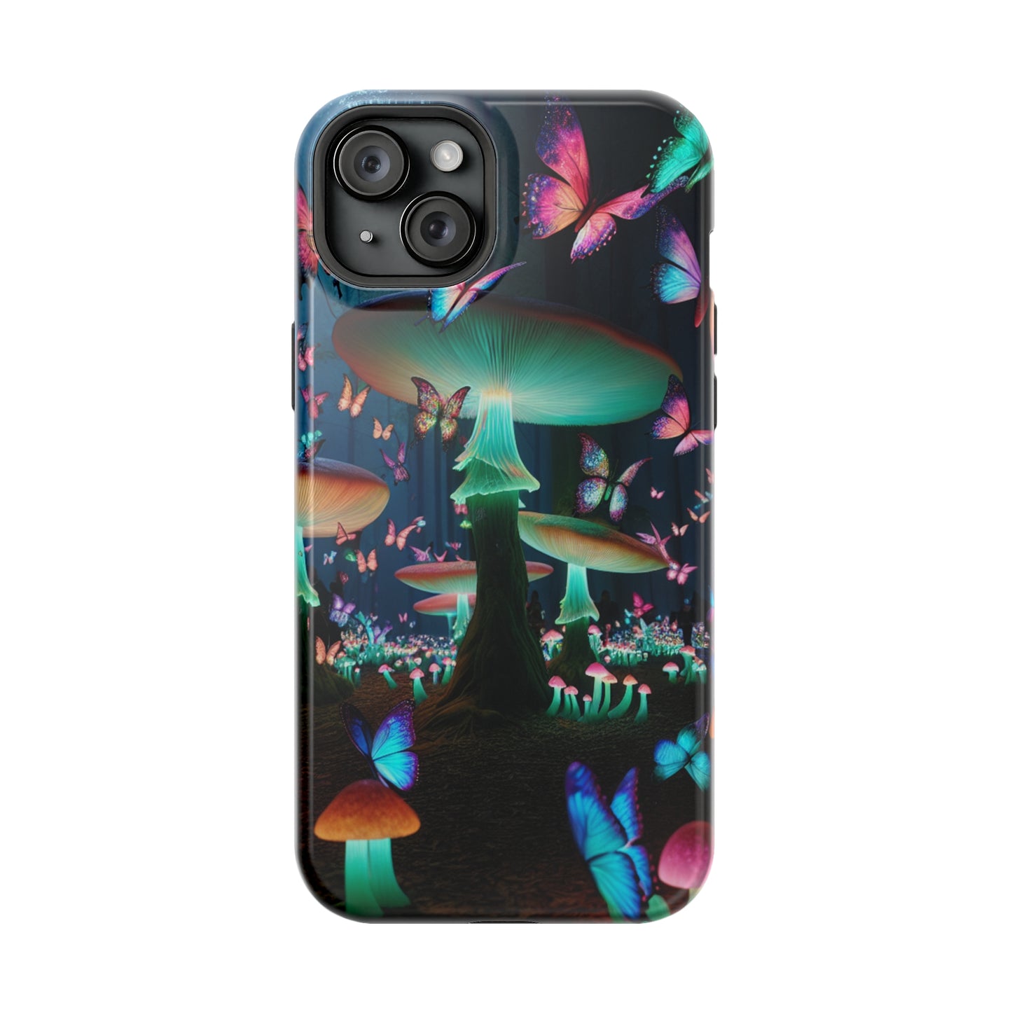 Neon Garden Delight. Neon Butterflies and Mushrooms Premium Art Magsafe Magnet Tough IPhone 13 14 15 Pro Plus Max and Mini in Matte and Glossy Phone cases