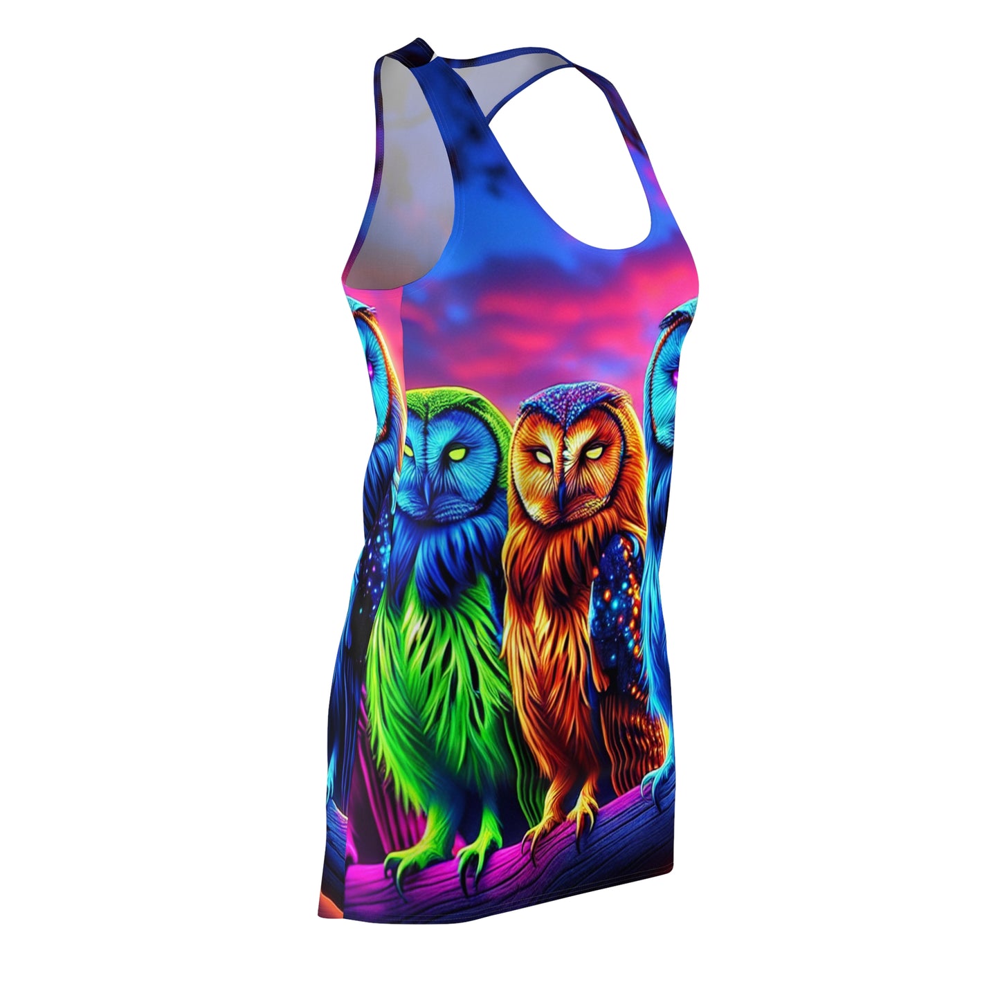 "Electric Enlightened Owls" Neon Owls Racerback Dress