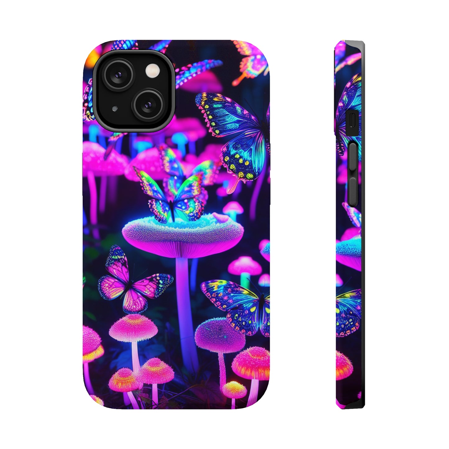 "Neon Gloomsprite Dance" Neon Butterflies and Mushrooms Premium Art Magsafe Magnet Tough IPhone 13 14 15 Pro Plus Max and Mini in Matte and Glossy Phone cases