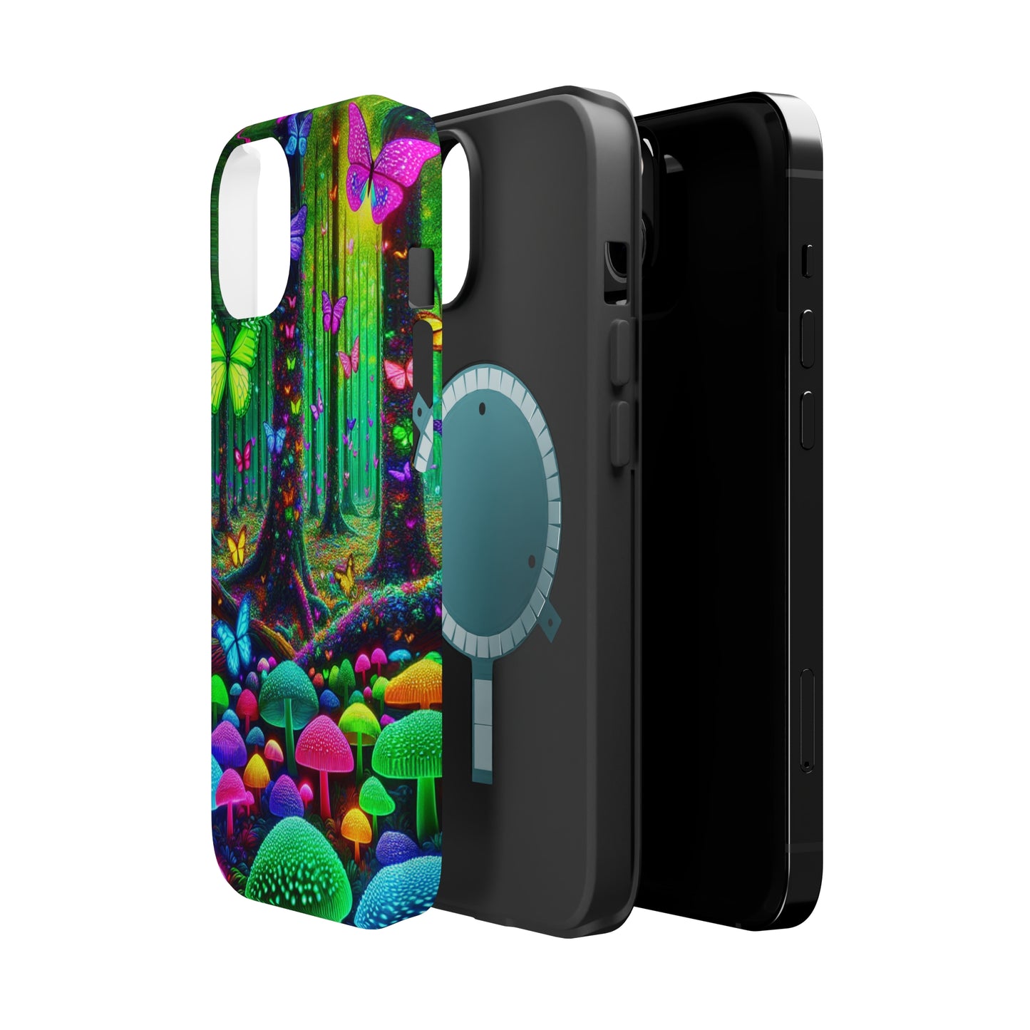"Neon Garden Symphony". Neon Butterflies and Mushrooms Premium Art Magsafe Magnet Tough IPhone 13 14 15 Pro Plus Max and Mini in Matte and Glossy Phone cases