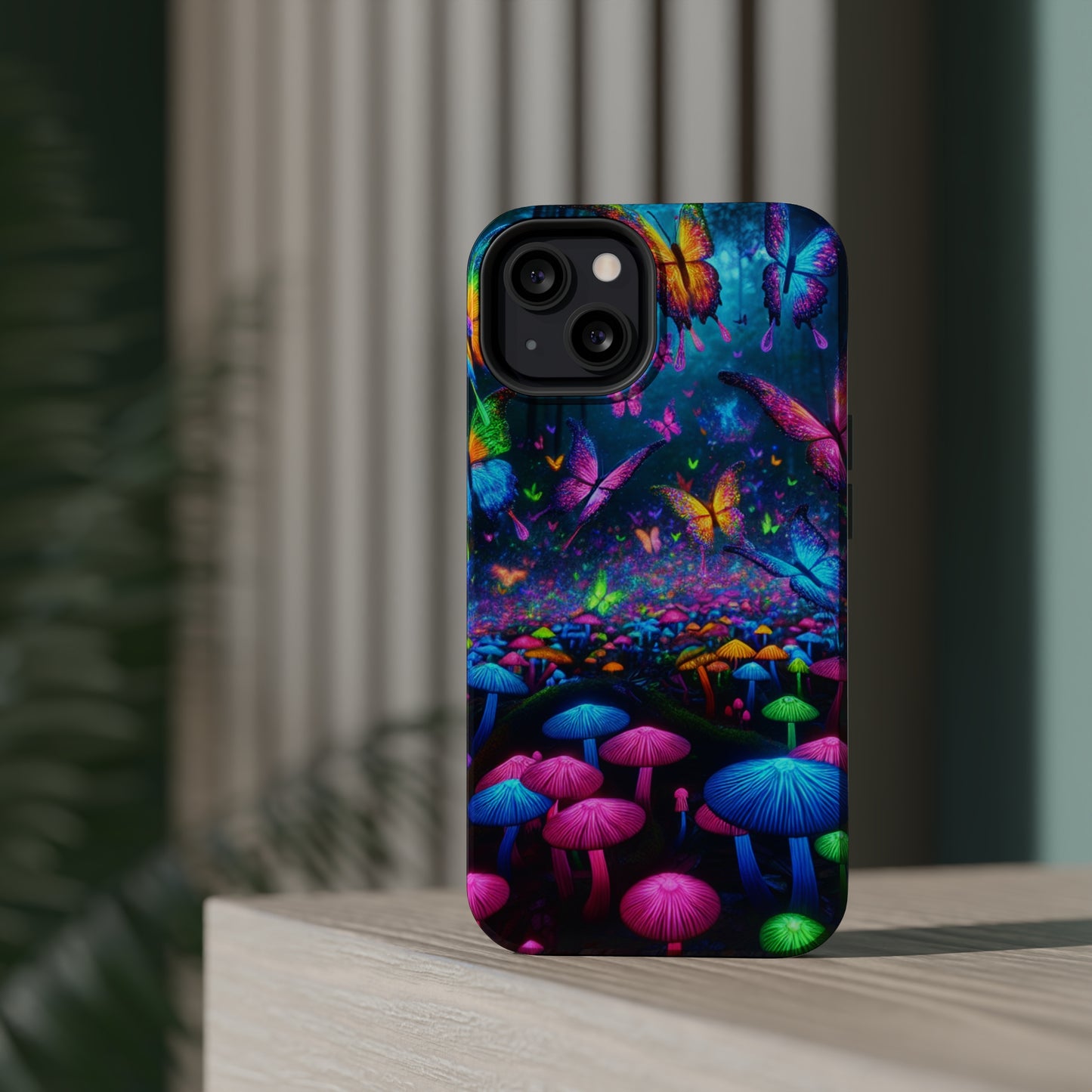 Neon Fruition Neon Butterflies and Mushrooms Premium Art Magsafe Magnet Tough IPhone 13 14 15 Pro Plus Max and Mini in Matte and Glossy Phone cases