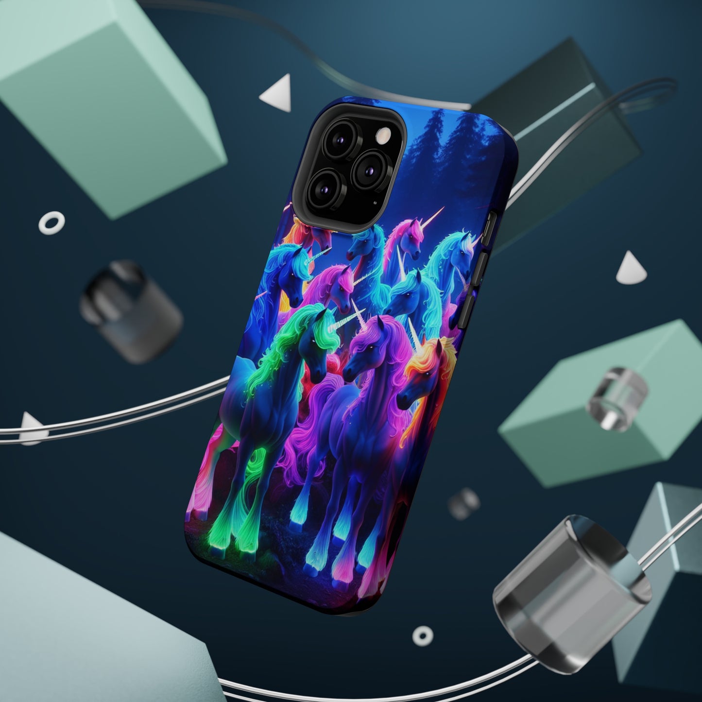 "Neon Fantasyland" Neon Unicorns Premium Art Magsafe Magnet Tough IPhone 13 14 15 Pro Plus Max and Mini in Matte and Glossy Phone cases