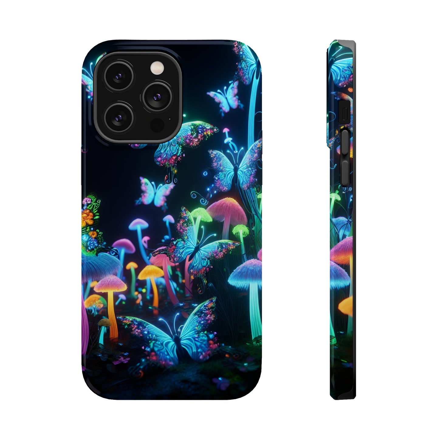"Neon Dreamscape" Neon Butterflies and Mushrooms Premium Art Magsafe Magnet Tough IPhone 13 14 15 Pro Plus Max and Mini in Matte and Glossy Phone cases