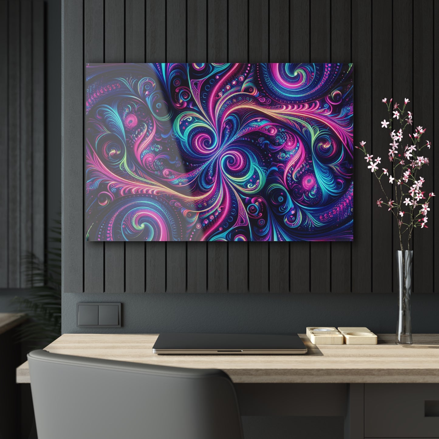 Vibrant Neon Infinity Fractalization. Trippy infity Pattern 1/4" Glossy Acrylic Art