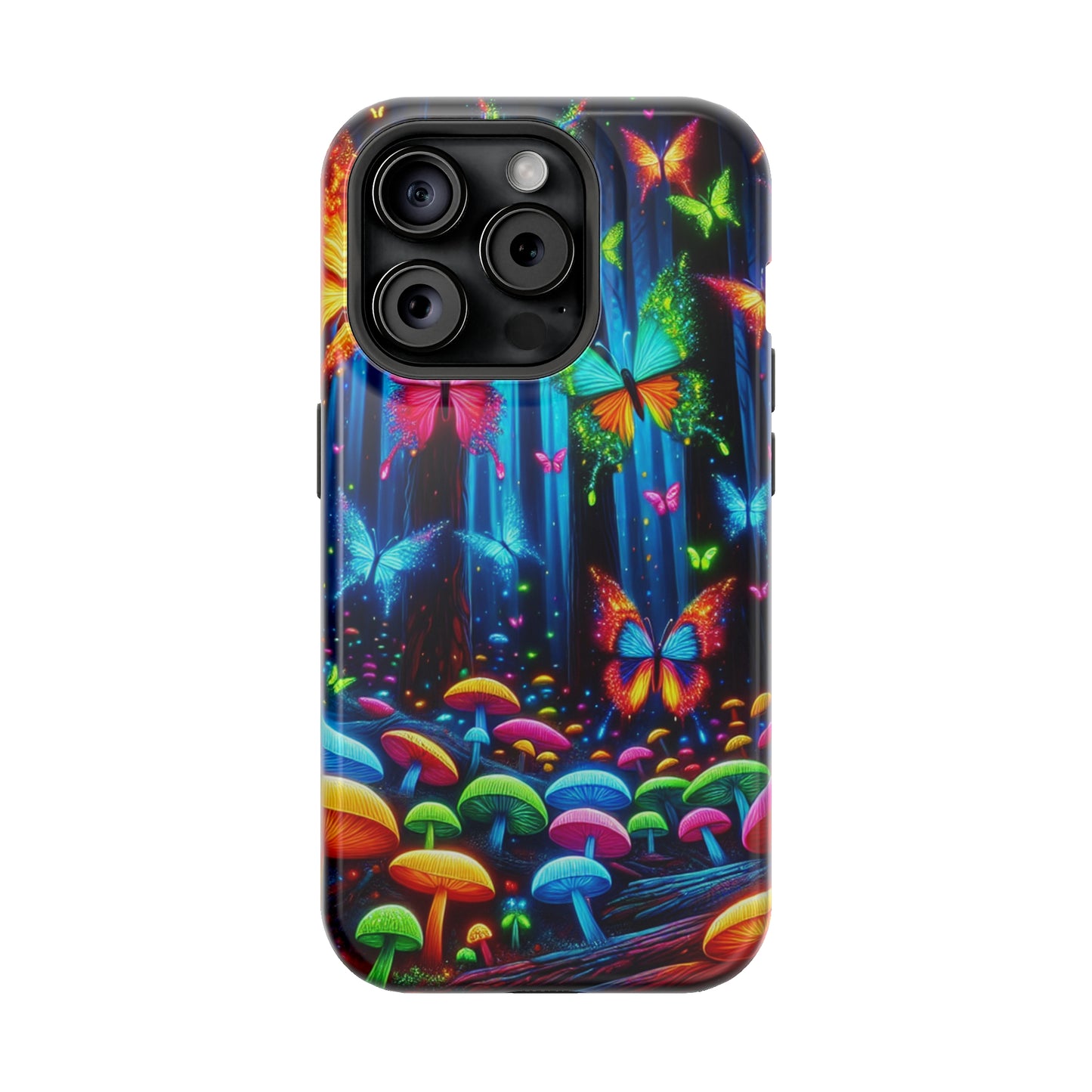 Neon Fantasia. Neon Butterflies and Mushrooms Premium Art Magsafe Magnet Tough IPhone 13 14 15 Pro Plus Max and Mini in Matte and Glossy Phone cases