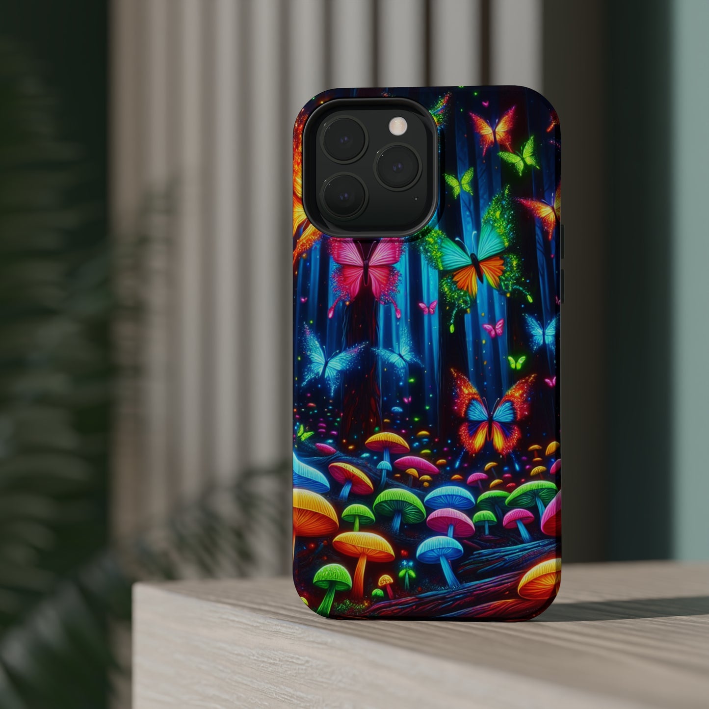 Neon Fantasia. Neon Butterflies and Mushrooms Premium Art Magsafe Magnet Tough IPhone 13 14 15 Pro Plus Max and Mini in Matte and Glossy Phone cases