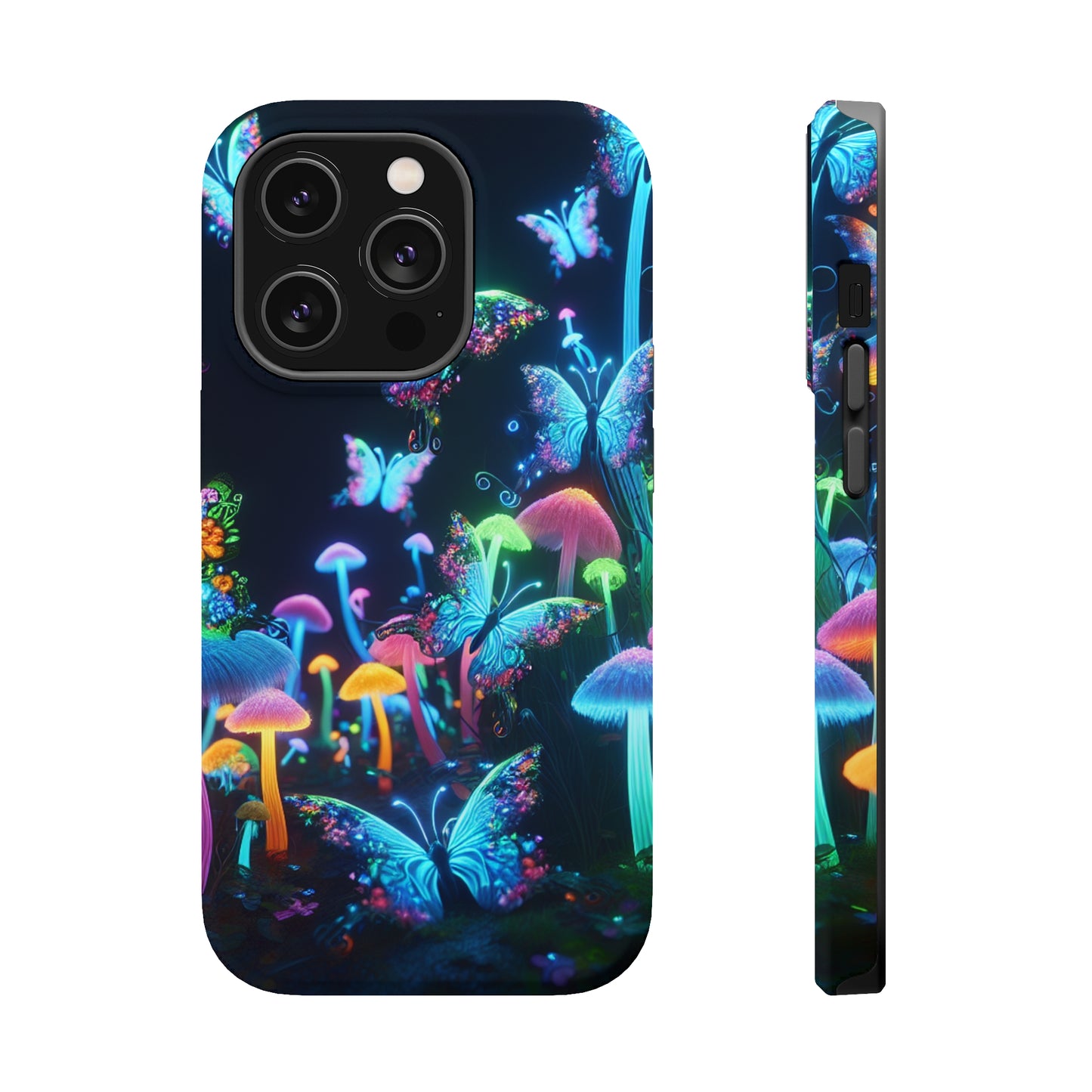 "Neon Dreamscape" Neon Butterflies and Mushrooms Premium Art Magsafe Magnet Tough IPhone 13 14 15 Pro Plus Max and Mini in Matte and Glossy Phone cases