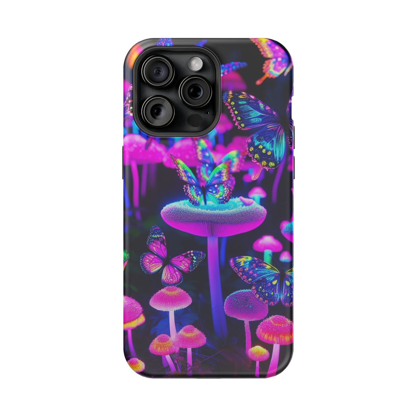 "Neon Gloomsprite Dance" Neon Butterflies and Mushrooms Premium Art Magsafe Magnet Tough IPhone 13 14 15 Pro Plus Max and Mini in Matte and Glossy Phone cases
