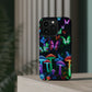 "Neon Burst Wonderland". Neon Butterflies and Mushrooms Premium Art Magsafe Magnet Tough IPhone 13 14 15 Pro Plus Max and Mini in Matte and Glossy Phone cases