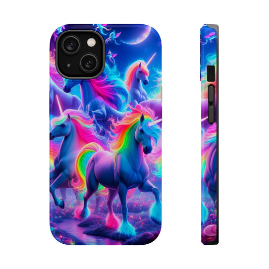 "Unicorn Prism" Neon Unicorns Premium Art Magsafe Magnet Tough IPhone 13 14 15 Pro Plus Max and Mini in Matte and Glossy Phone cases