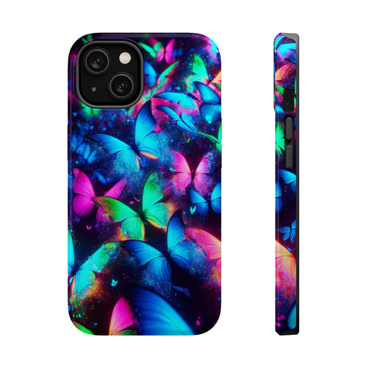 "Neon Flutterglow" Neon Butterflies Premium Art Magsafe Magnet Tough IPhone 13 14 15 Pro Plus Max and Mini in Matte and Glossy Phone cases