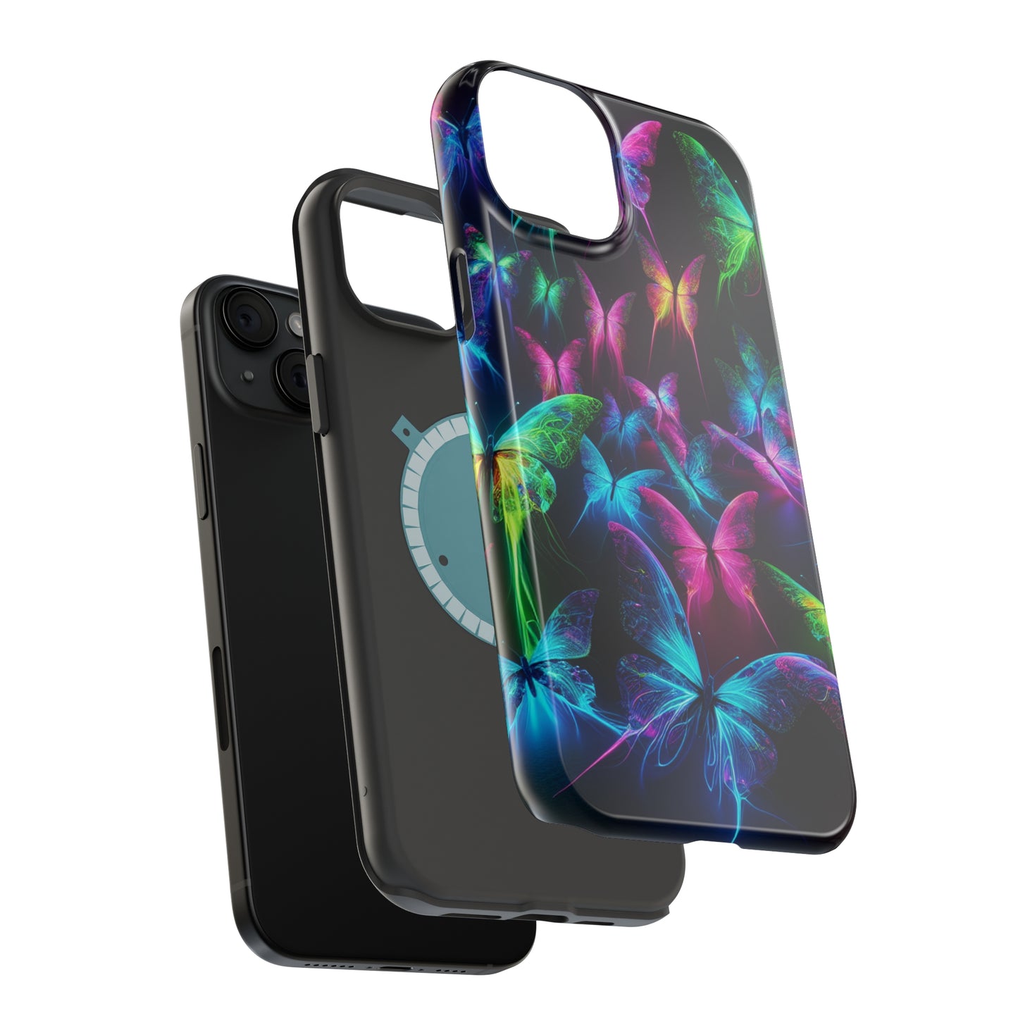 'Euphoria in Neon Flight' Neon Butterflies Premium Art Magsafe Magnet Tough IPhone 13 14 15 Pro Plus Max and Mini in Matte and Glossy Phone cases