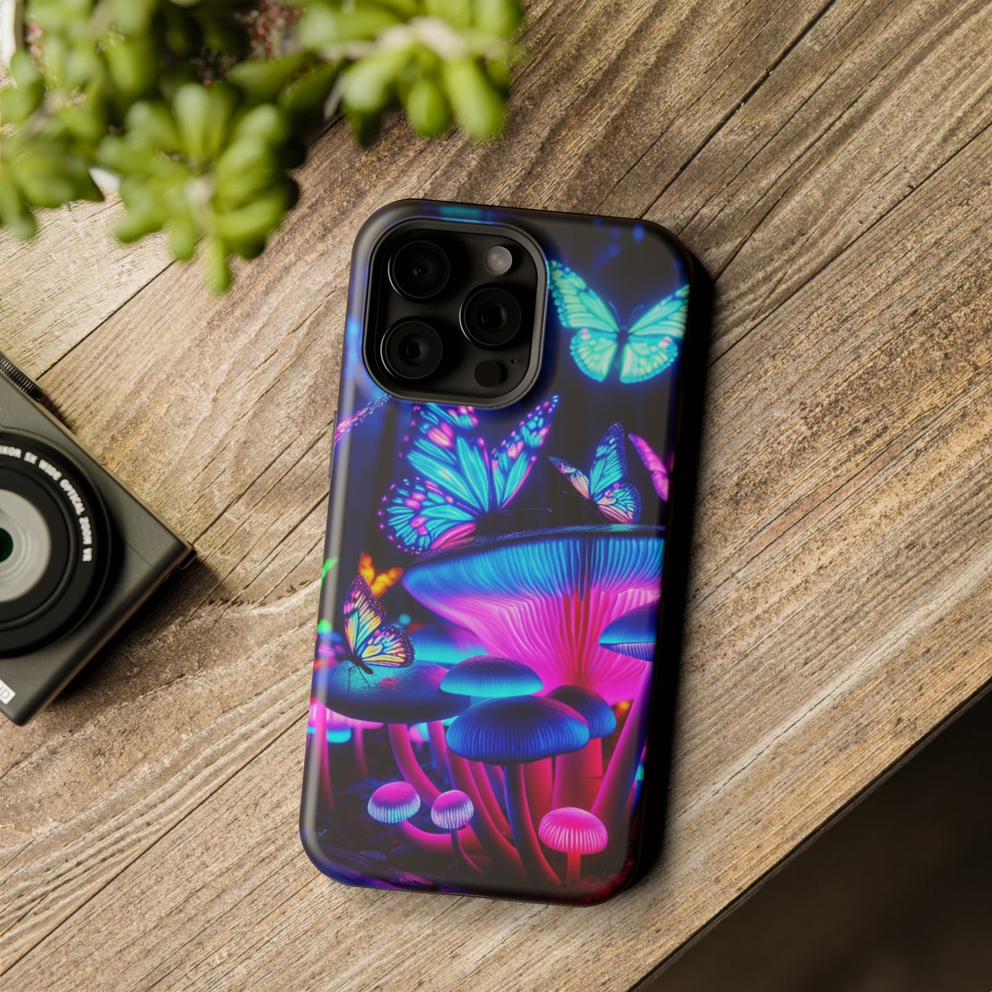 Neon Fantasy Garden Neon Butterflies and Mushrooms Premium Art Magsafe Magnet Tough IPhone 13 14 15 Pro Plus Max and Mini in Matte and Glossy Phone cases