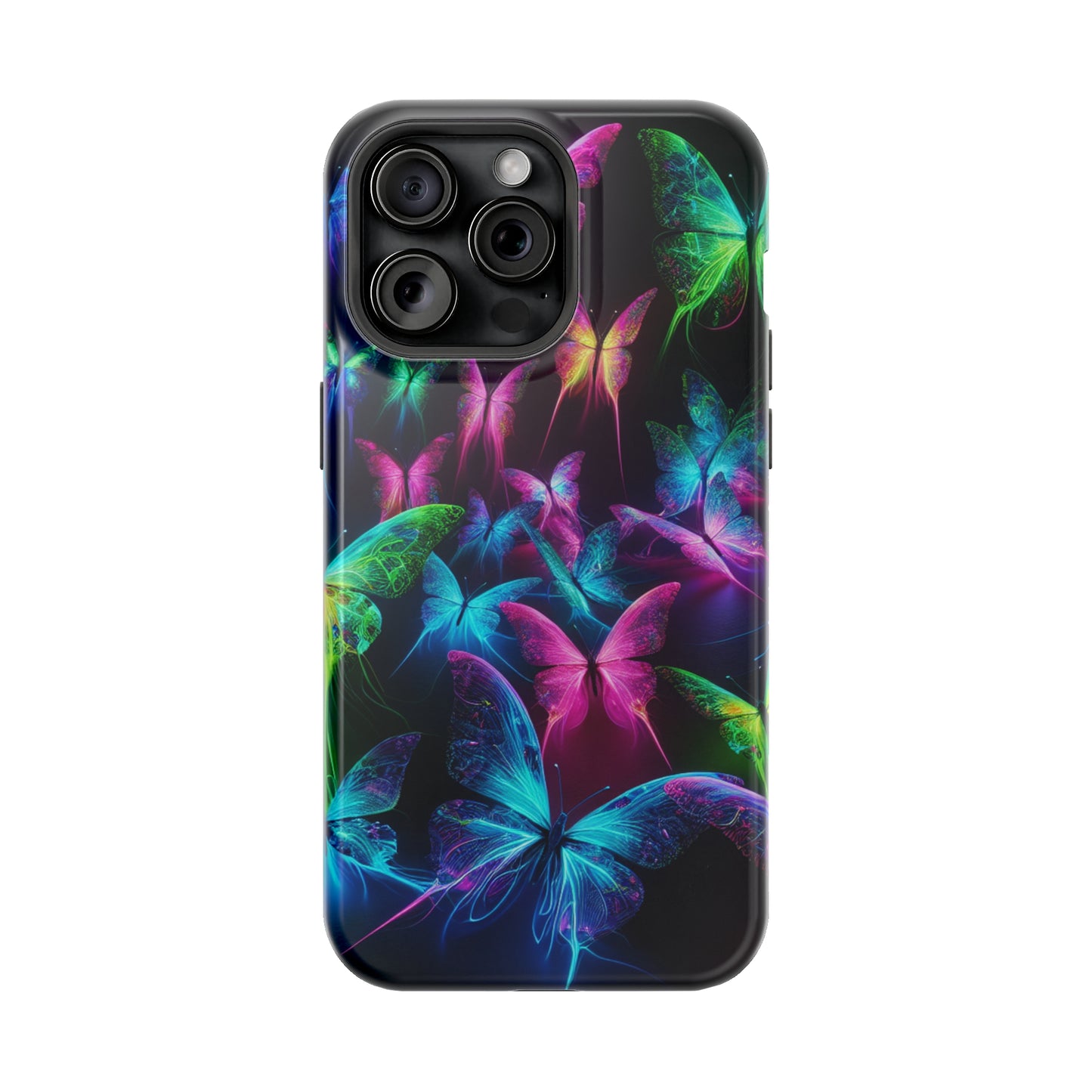 'Euphoria in Neon Flight' Neon Butterflies Premium Art Magsafe Magnet Tough IPhone 13 14 15 Pro Plus Max and Mini in Matte and Glossy Phone cases