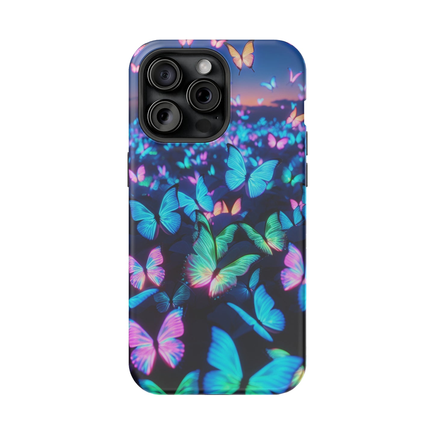 "Fantasia of Neon Butterflies" Neon Butterflies Premium Art Magsafe Magnet Tough IPhone 13 14 15 Pro Plus Max and Mini in Matte and Glossy Phone cases
