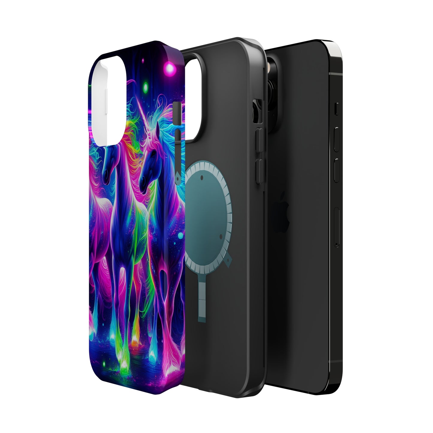 "Uni-Neon Fantasy" Neon Unicorns Premium Art Magsafe Magnet Tough IPhone 13 14 15 Pro Plus Max and Mini in Matte and Glossy Phone cases