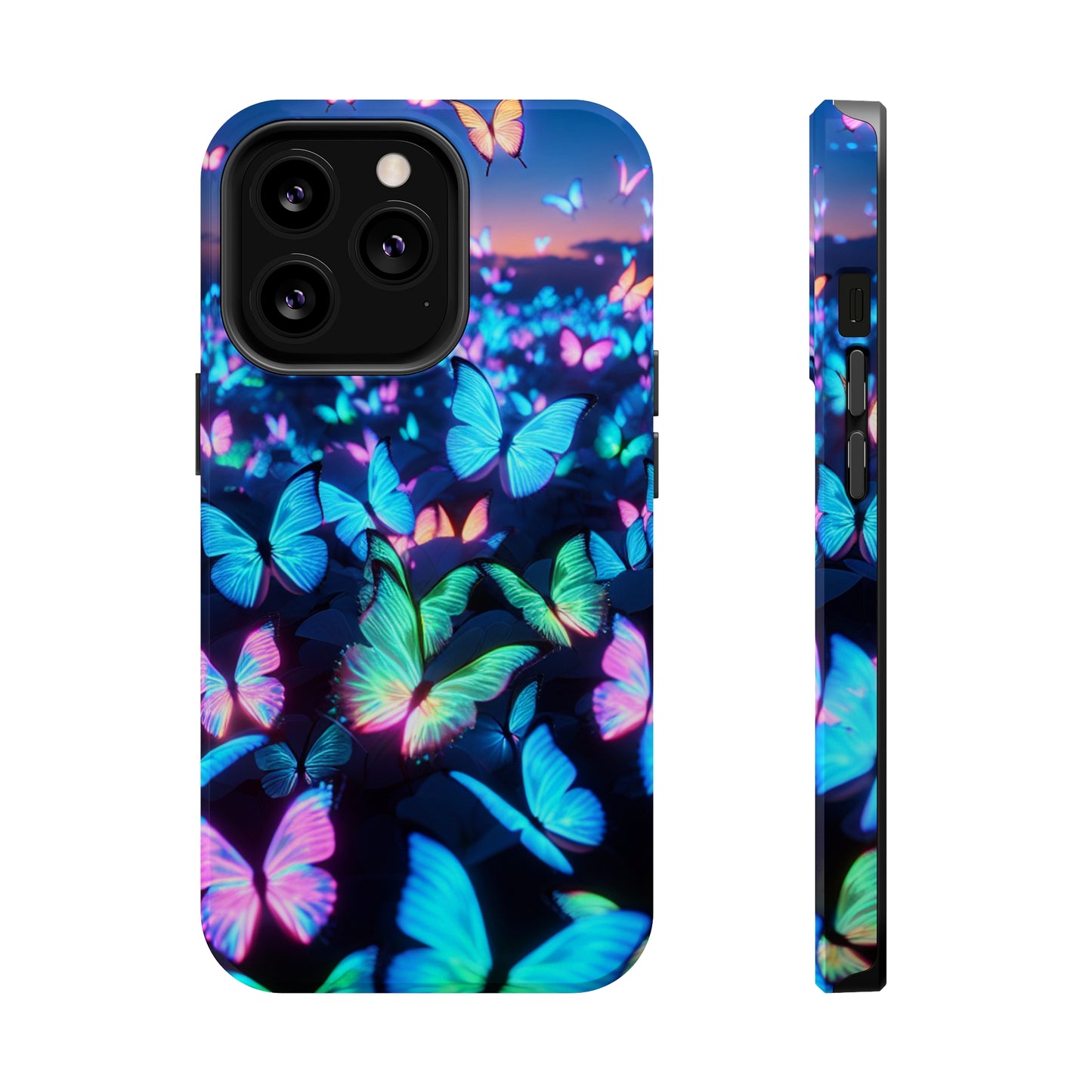 "Fantasia of Neon Butterflies" Neon Butterflies Premium Art Magsafe Magnet Tough IPhone 13 14 15 Pro Plus Max and Mini in Matte and Glossy Phone cases