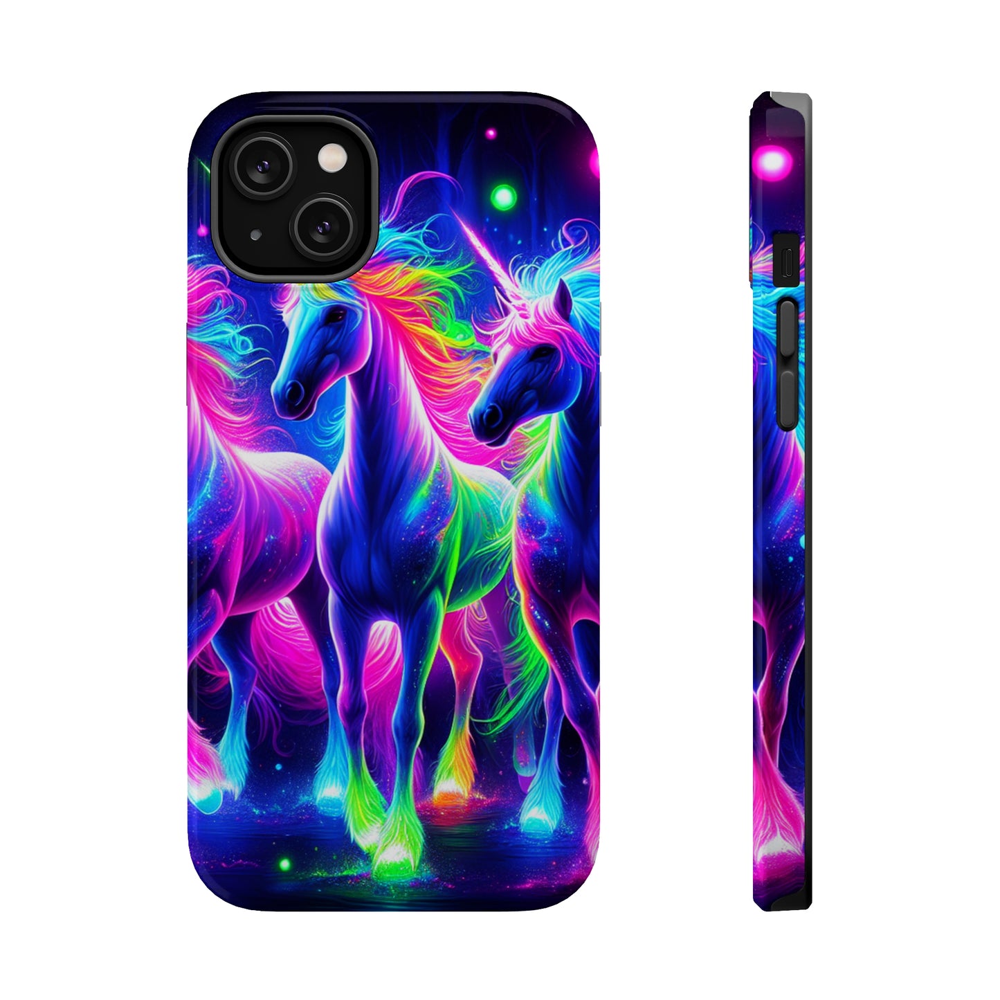 "Uni-Neon Fantasy" Neon Unicorns Premium Art Magsafe Magnet Tough IPhone 13 14 15 Pro Plus Max and Mini in Matte and Glossy Phone cases