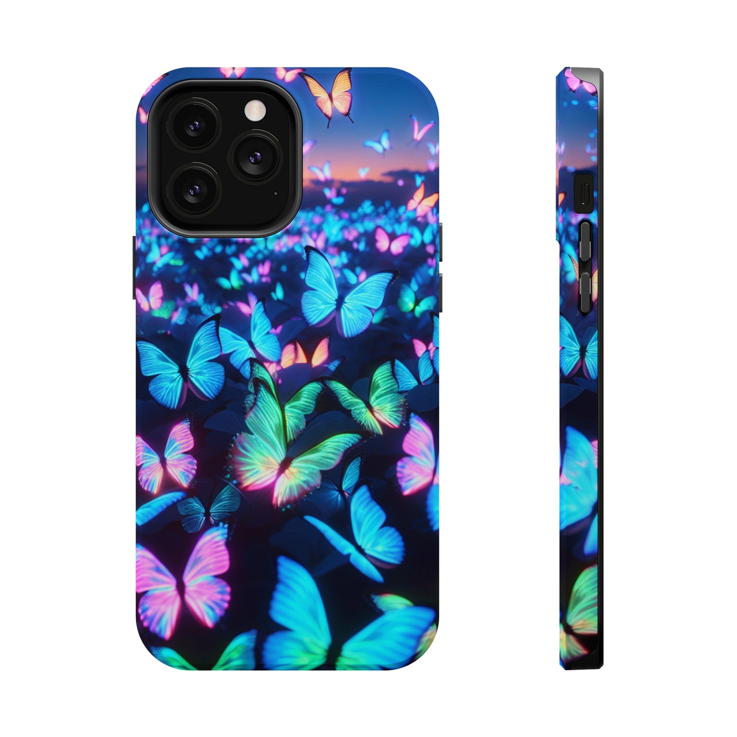 "Fantasia of Neon Butterflies" Neon Butterflies Premium Art Magsafe Magnet Tough IPhone 13 14 15 Pro Plus Max and Mini in Matte and Glossy Phone cases
