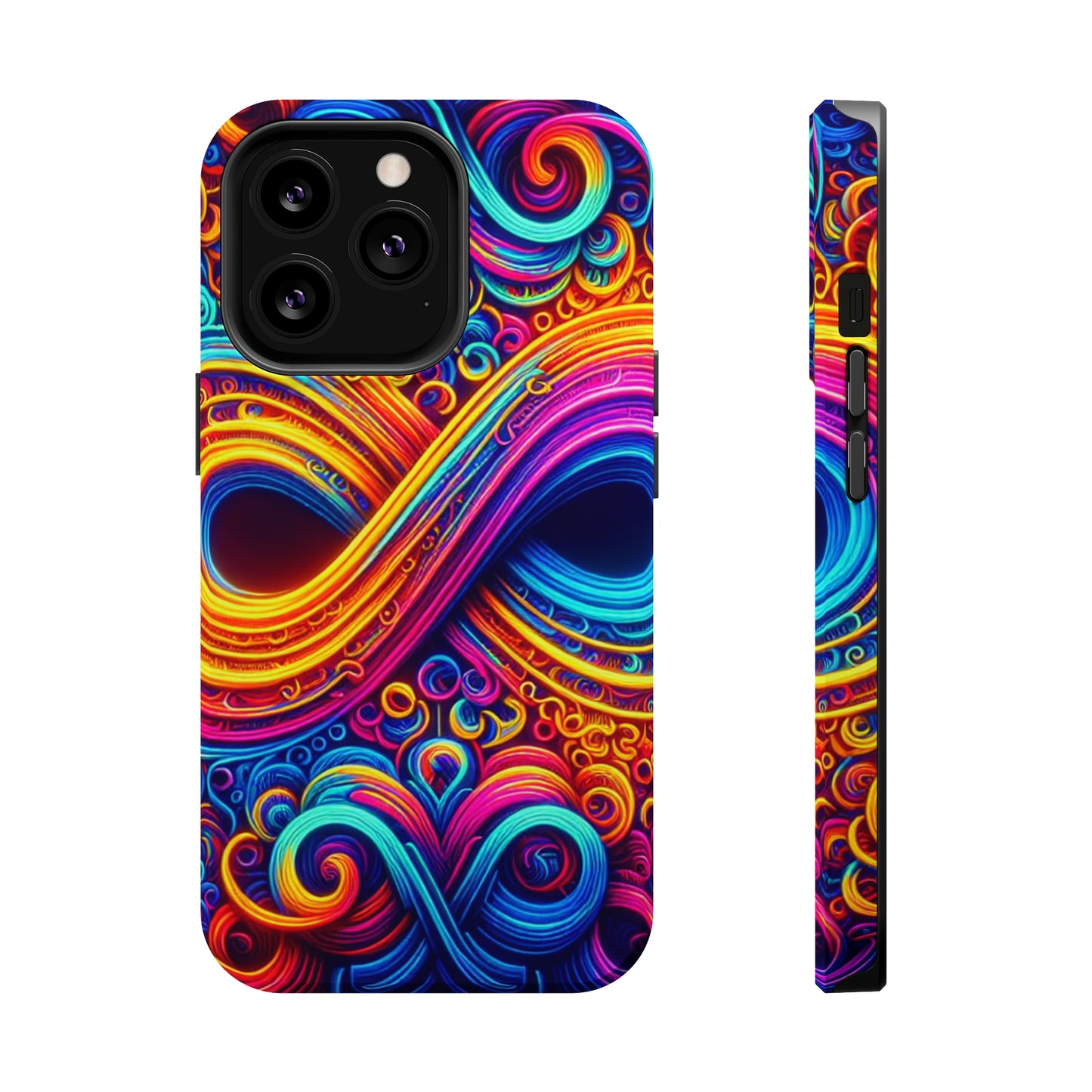 ElectroFractal Fluorescence. Neon Trippy Infinity Patterns Premium Art Magsafe Magnet Tough IPhone 13 14 15 Pro Plus Max and Mini in Matte and Glossy Phone cases