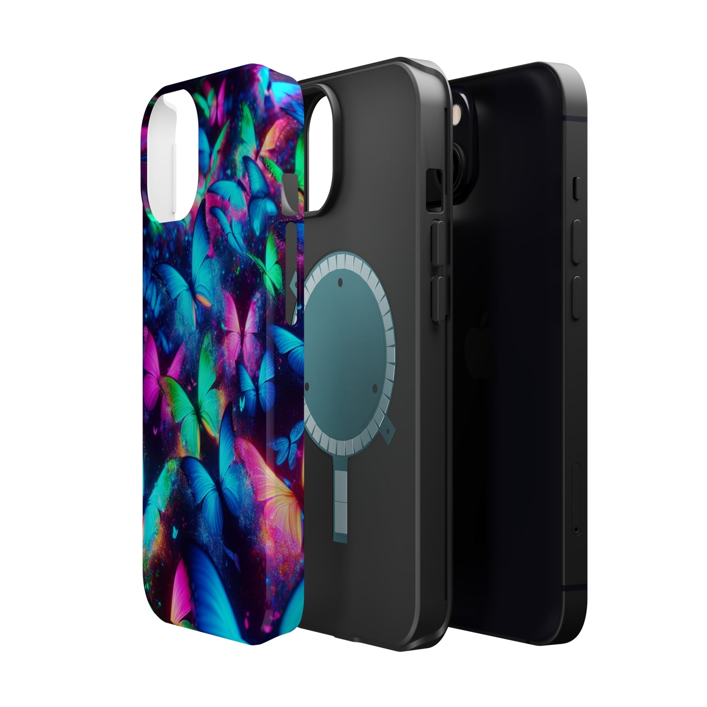 "Neon Flutterglow" Neon Butterflies Premium Art Magsafe Magnet Tough IPhone 13 14 15 Pro Plus Max and Mini in Matte and Glossy Phone cases