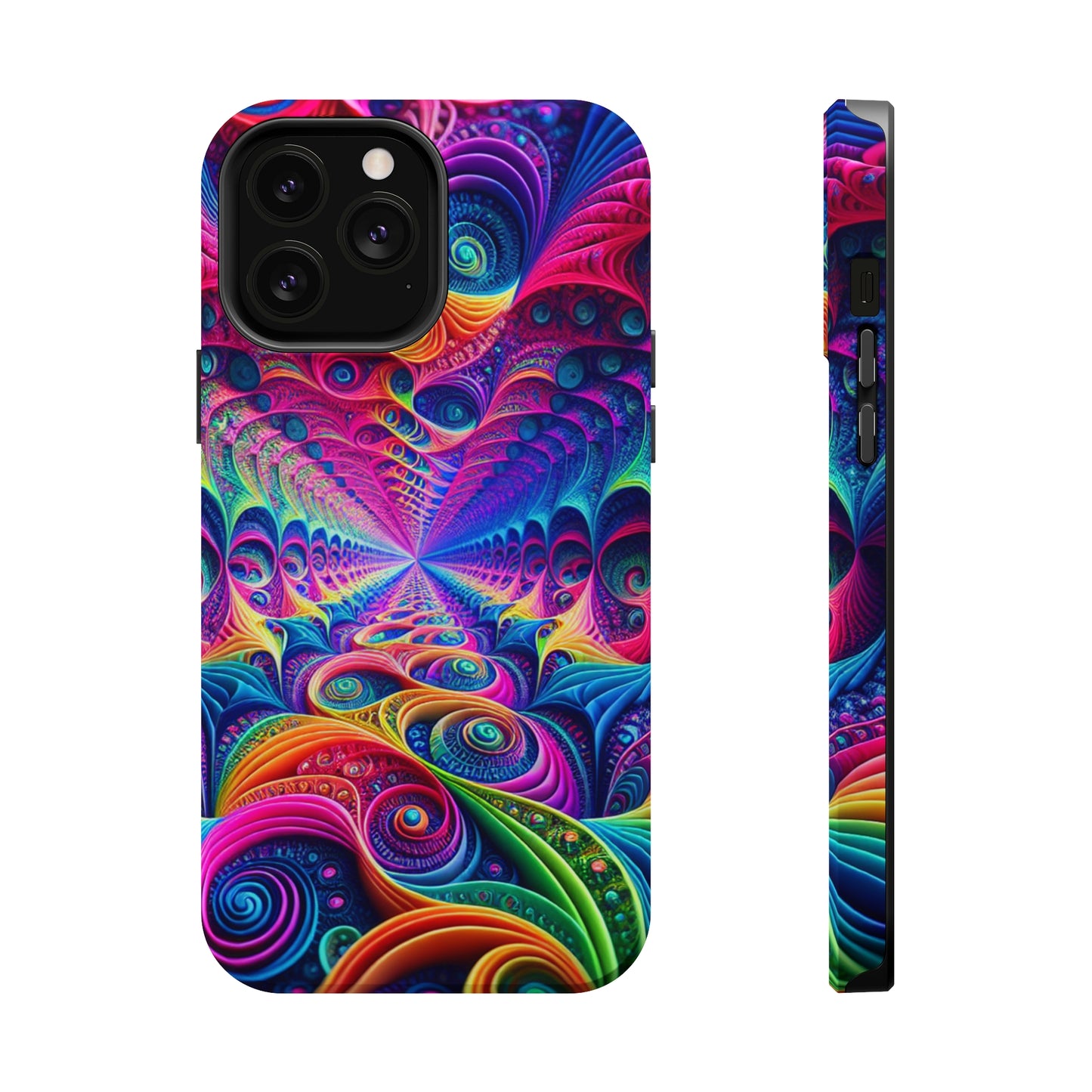 Cosmic Electric Rainbow Frenzy. Neon Trippy Infinity Patterns Premium Art Magsafe Magnet Tough IPhone 13 14 15 Pro Plus Max and Mini in Matte and Glossy Phone cases