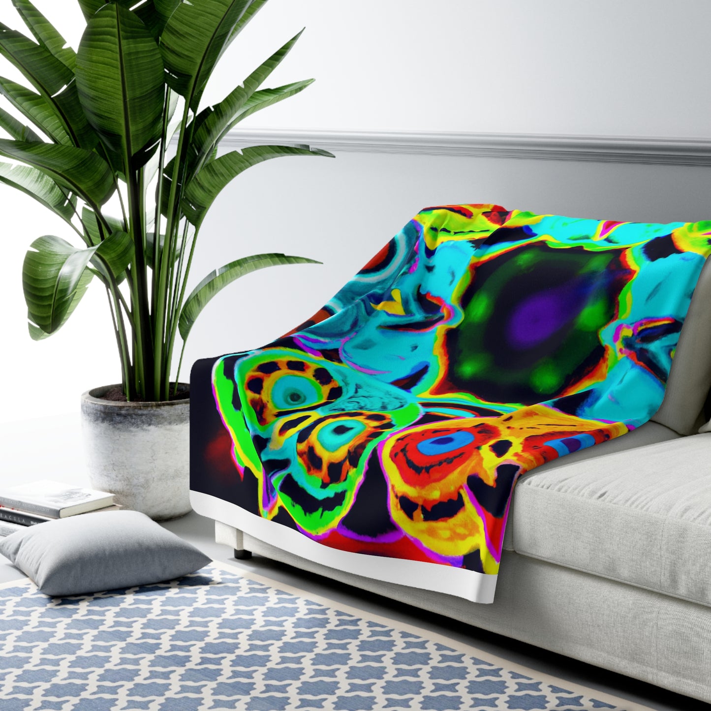 "Neon Night Owls" - NEON Owls Art Sherpa Blanket