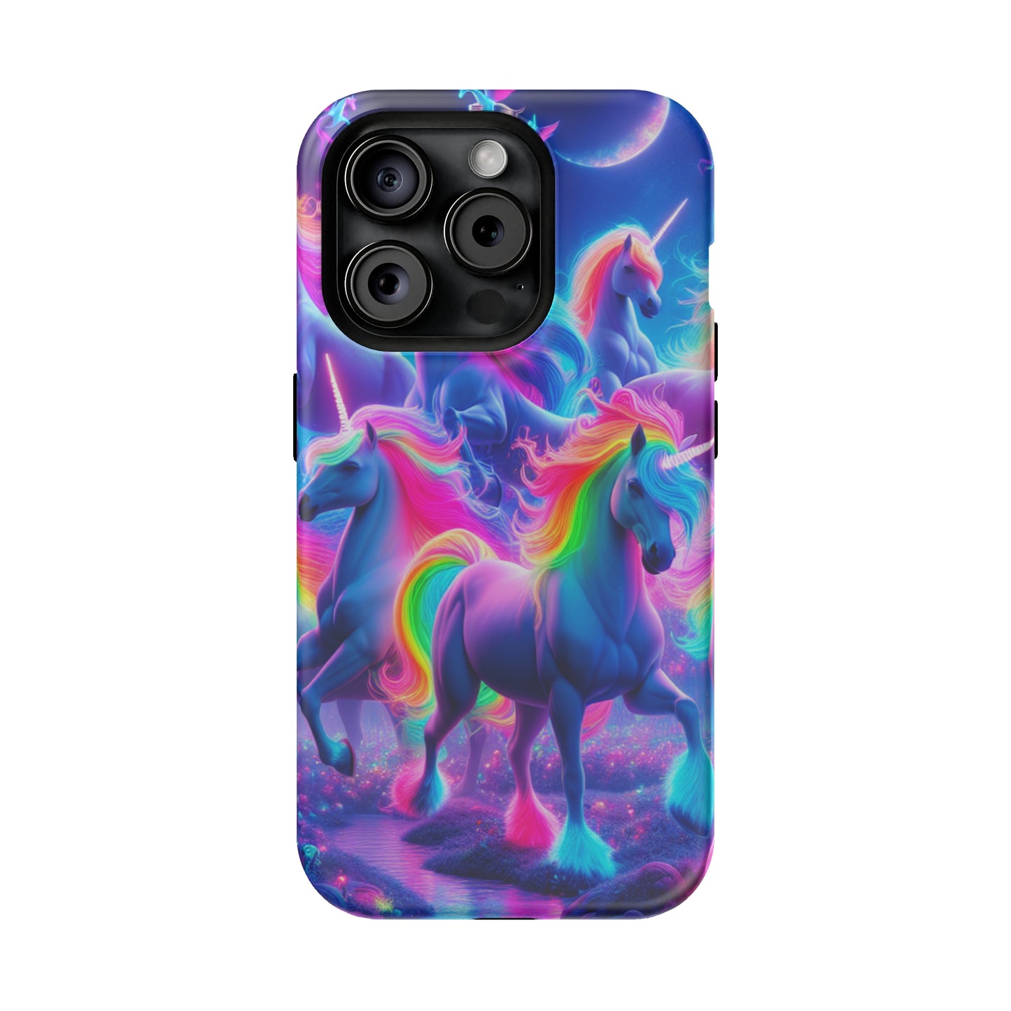 "Unicorn Prism" Neon Unicorns Premium Art Magsafe Magnet Tough IPhone 13 14 15 Pro Plus Max and Mini in Matte and Glossy Phone cases